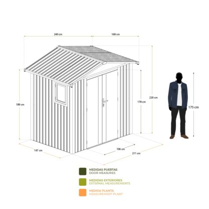 Caseta Metálica Gardiun Grunewald 4,03 m2 Exterior 240x168x220 cm de Acero con Ventana Lateral y Puerta Doble 106x178 cm - Imagen 4