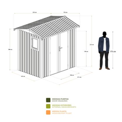 Caseta Metálica Gardiun Spree 4,1 m2 Exterior 232x176x212 cm de Acero con Ventana Lateral y Puerta Doble 106x178 cm - Imagen 4