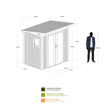 Caseta Metálica Gardiun Harz 4,23 m2 Exterior 226x187x223 cm de Acero con Ventana Lateral y Puerta Doble 106x178 cm - Imagen 4