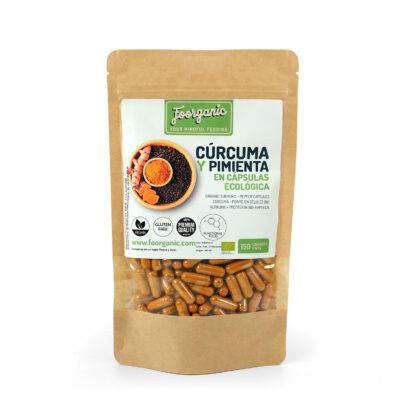 Cúrcuma + Pimienta Ecológicas en Cápsulas Foorganic Pack  150g | Suplemento Natural Sin Aditivos | Producido en España | Vegano | Antioxidante