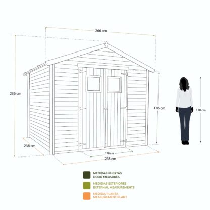 Cobertizo de Madera Natural para Jardín Gardiun Dimitri 238x238x236 cm - 6,8 m² Cubierta Asfáltica | Puerta Doble Abatible | 19 mm de Espesor Madera de Pino - Imagen 4