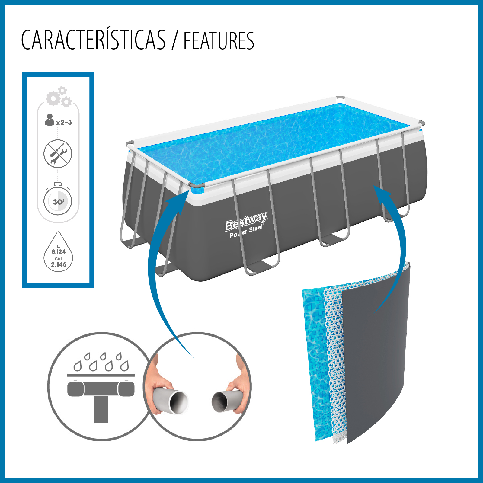 Piscina Tubular Rectangular Bestway Power Steel 412x201x122 cm Depuradora de Cartucho y Escalera Color Gris - Imagen 6
