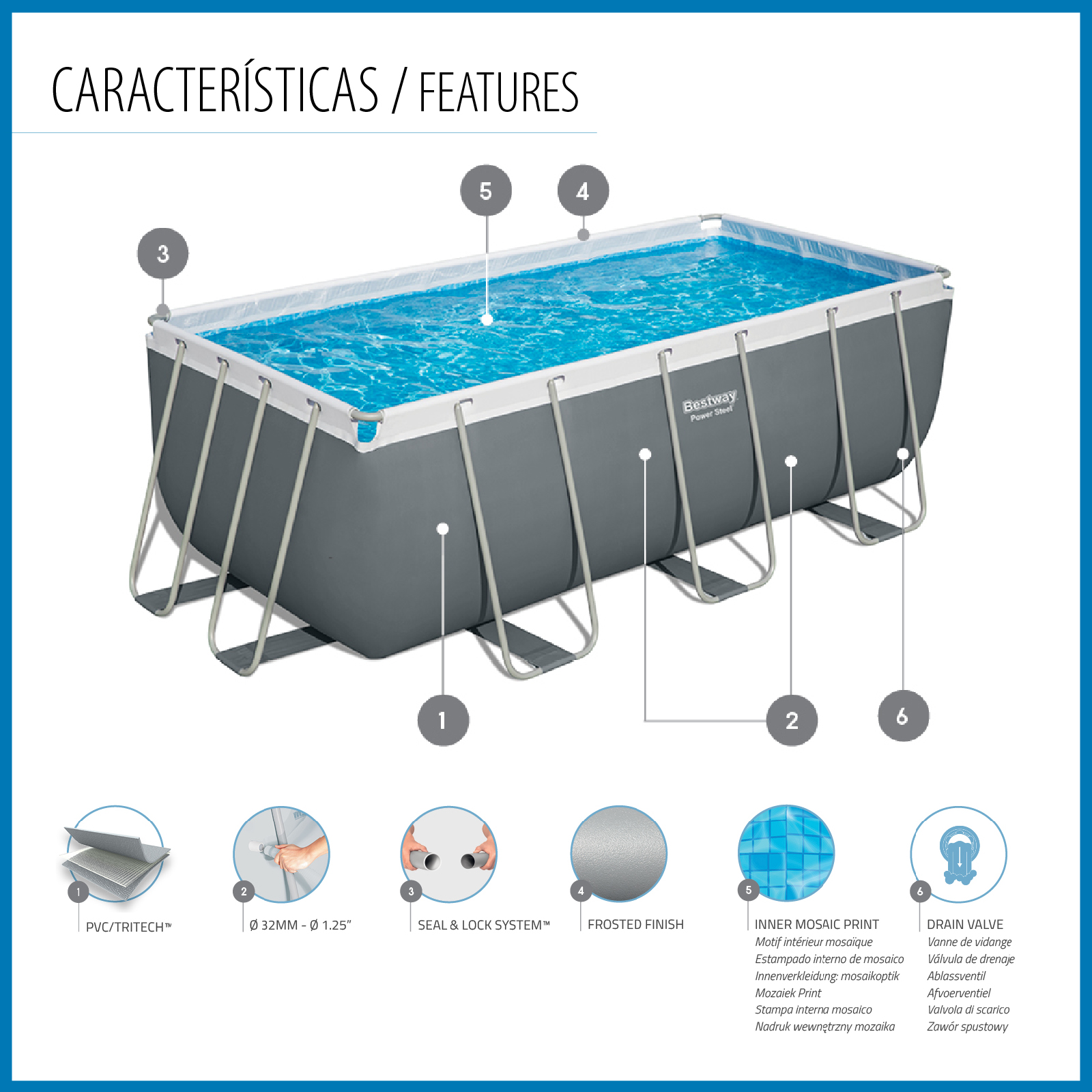 Piscina Tubular Rectangular Bestway Power Steel 412x201x122 cm Depuradora de Cartucho y Escalera Color Gris - Imagen 3