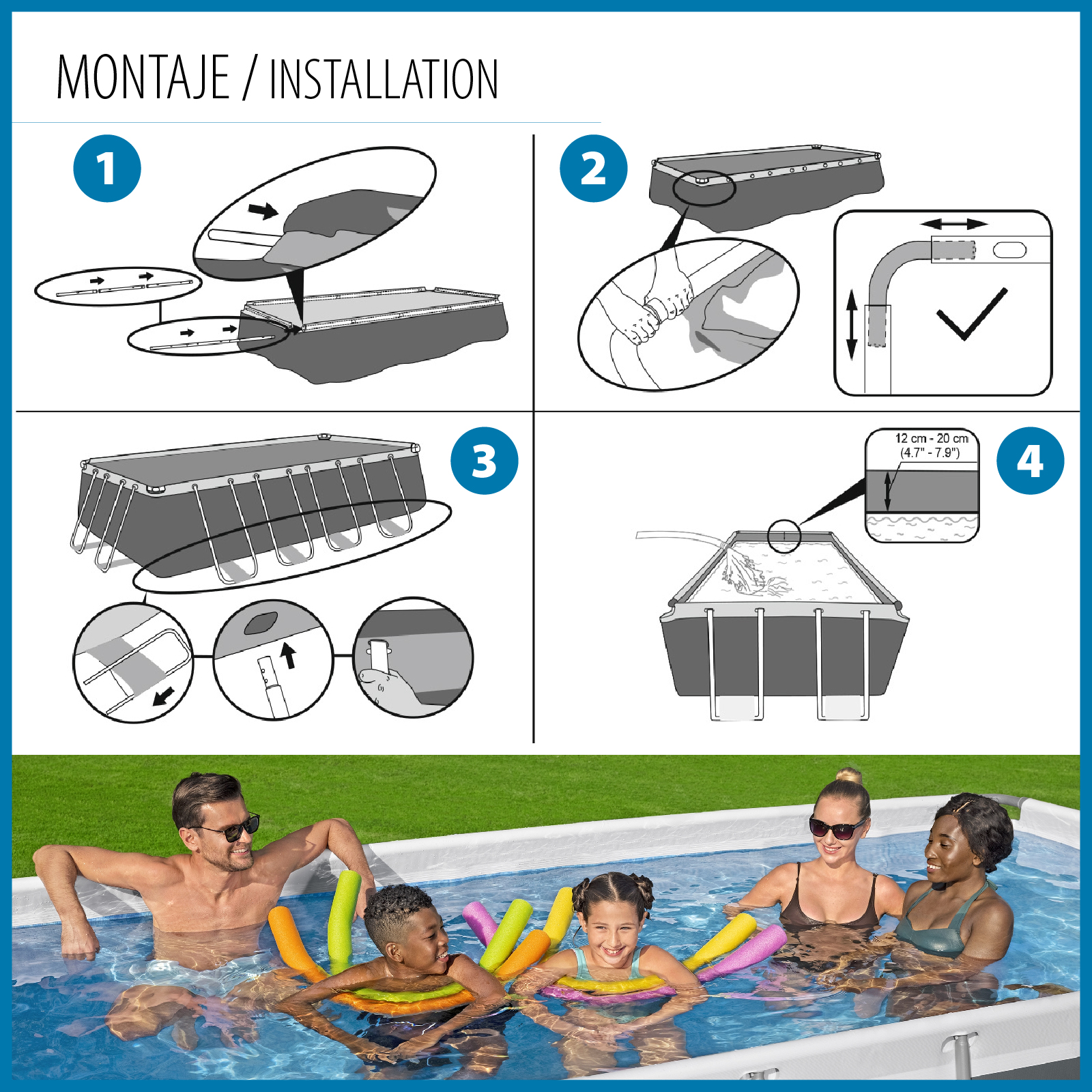 Piscina Tubular Rectangular Bestway Power Steel 412x201x122 cm Depuradora de Cartucho y Escalera Color Gris - Imagen 5