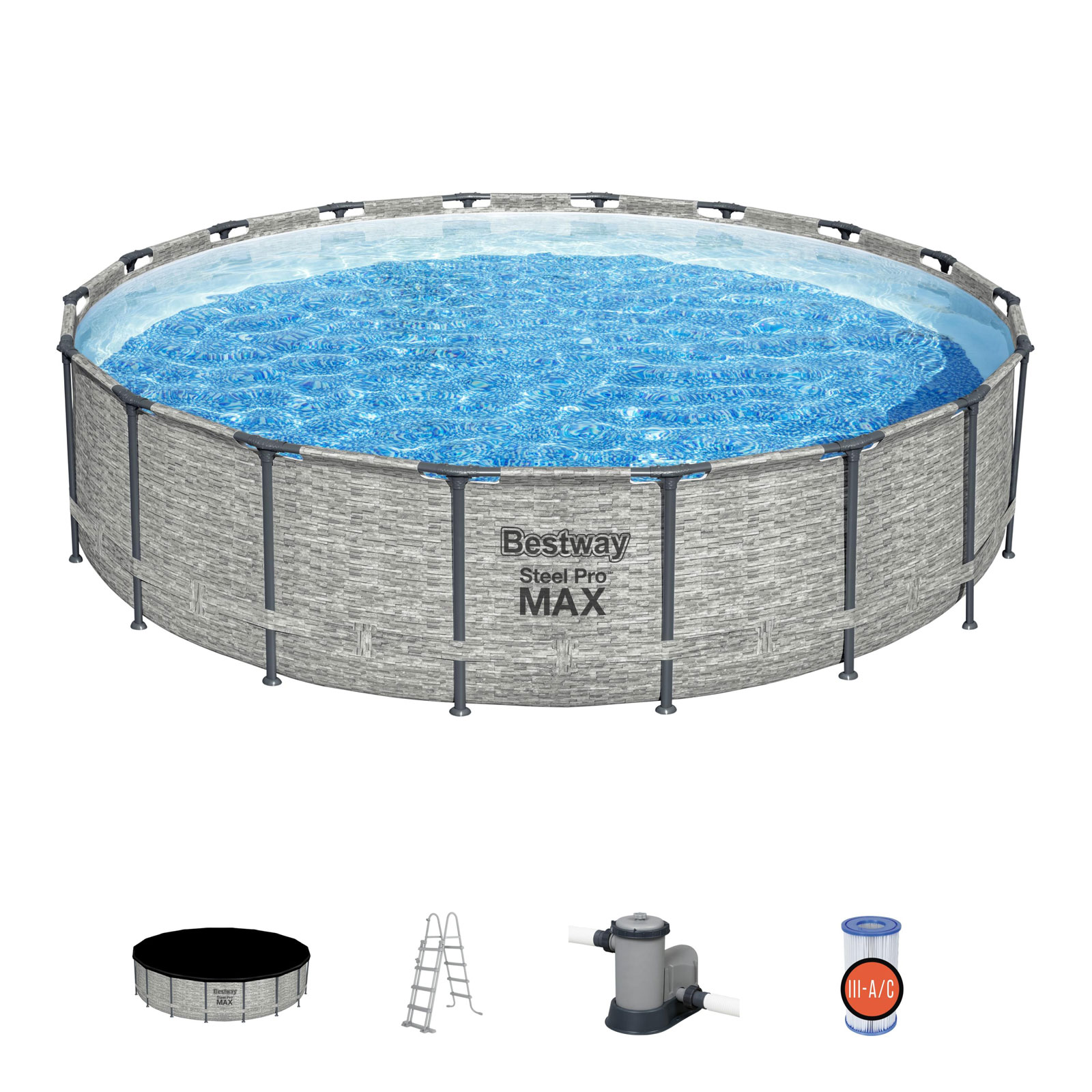 Piscina Desmontável Tubular Bestway Steel Pro Max Design Pedra Ø549x122 cm Purificador Cartucho 5.678 L/H, Cobertura e Escada