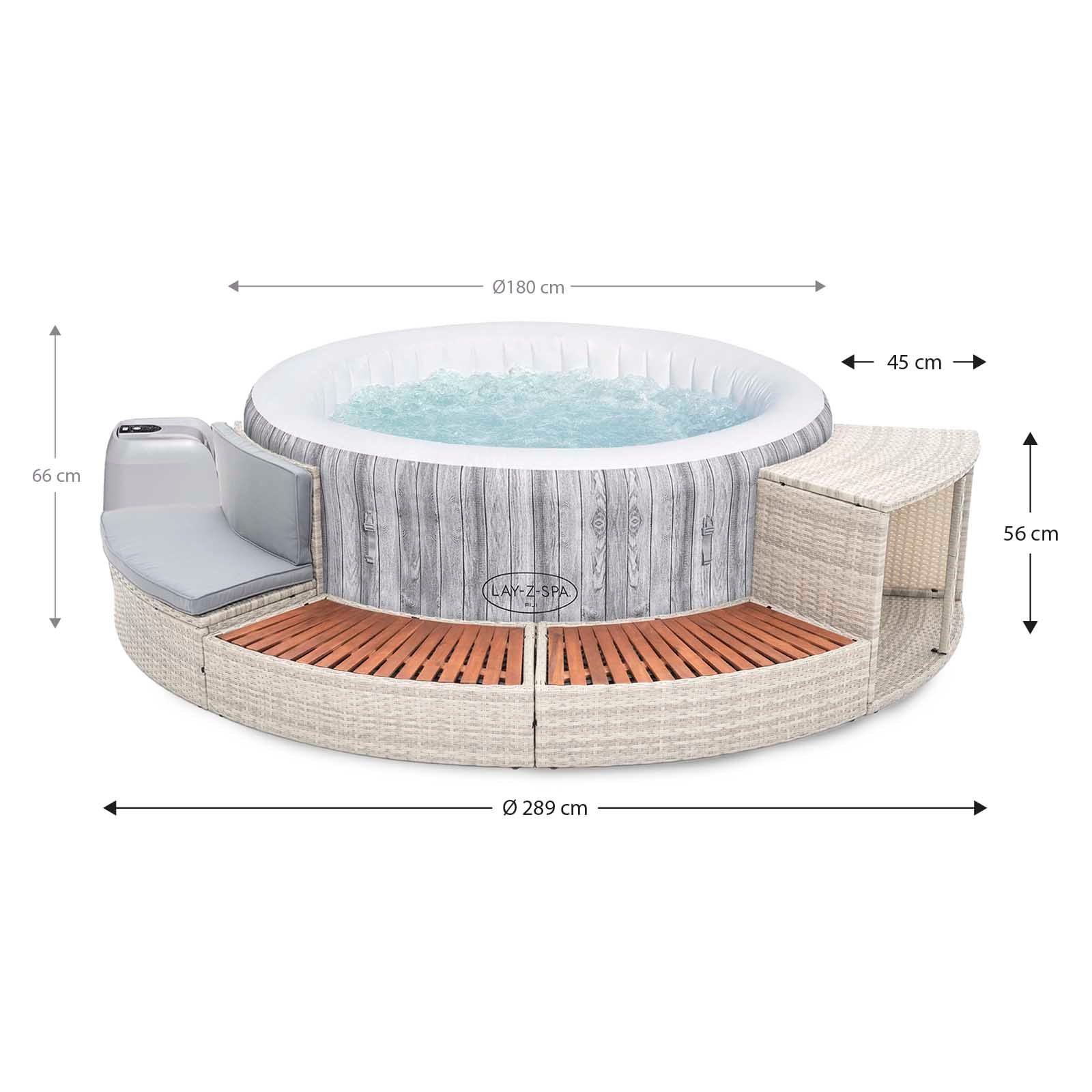 Spa de Hidromassagem Insuflável Bestway Lay-Z-SPA Fiji Airjet Ø180x66 cm + K2O Half Surround 180 289x45x56 cm Borda Semi-Circular para Spa - Image 4