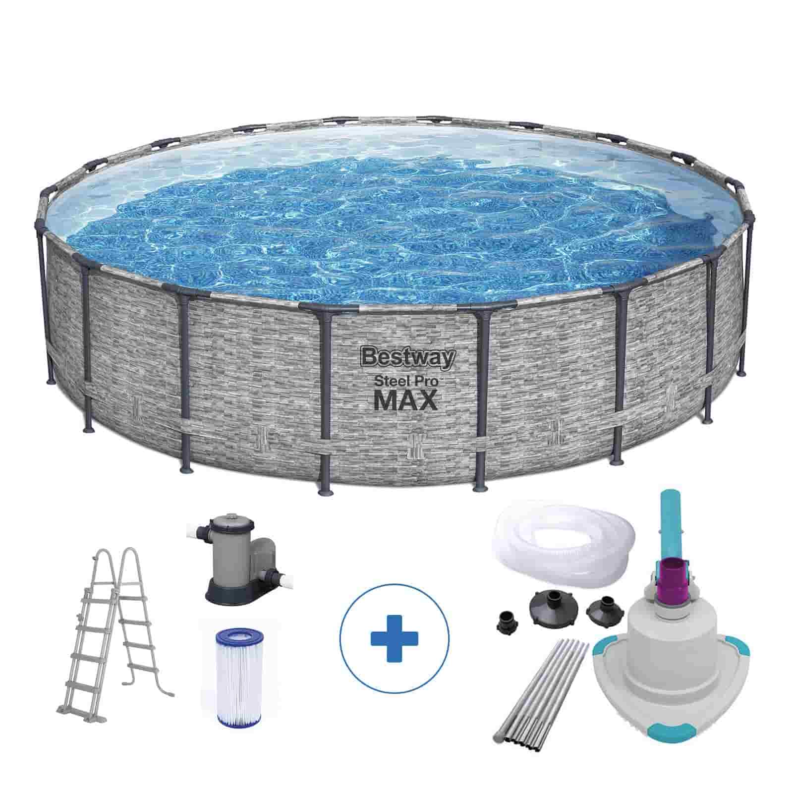 Piscina Desmontable Tubular Bestway Steel Pro Max Diseño Piedra Ø549x122 cm Depuradora Cartucho 5.678 L/H Cobertor, Escalera y Kit Limpiafondos