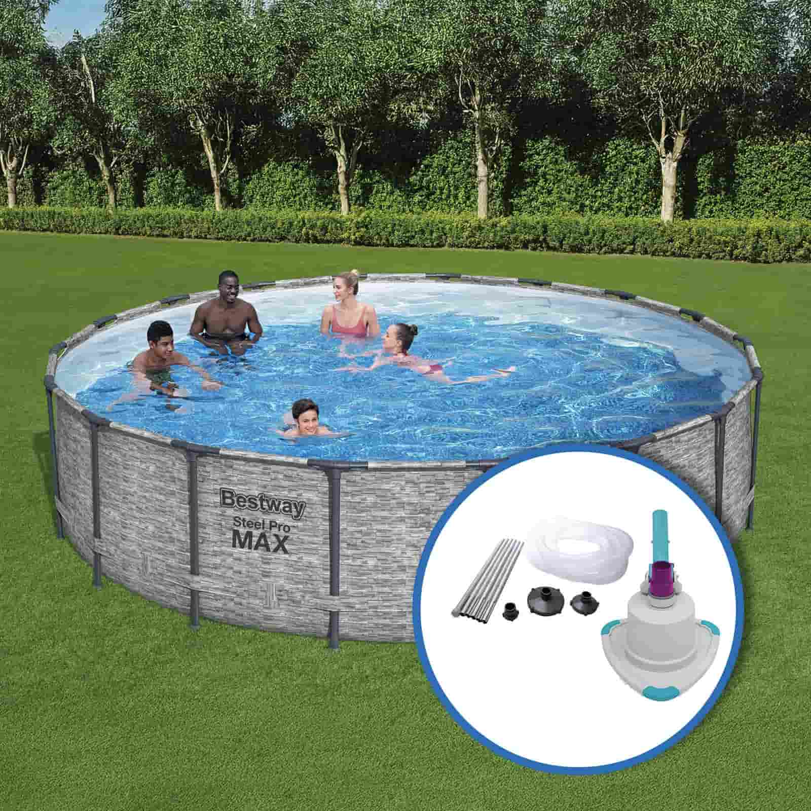Piscina Desmontable Tubular Bestway Steel Pro Max Diseño Piedra Ø549x122 cm Depuradora Cartucho 5.678 L/H Cobertor, Escalera y Kit Limpiafondos - Imagen 2