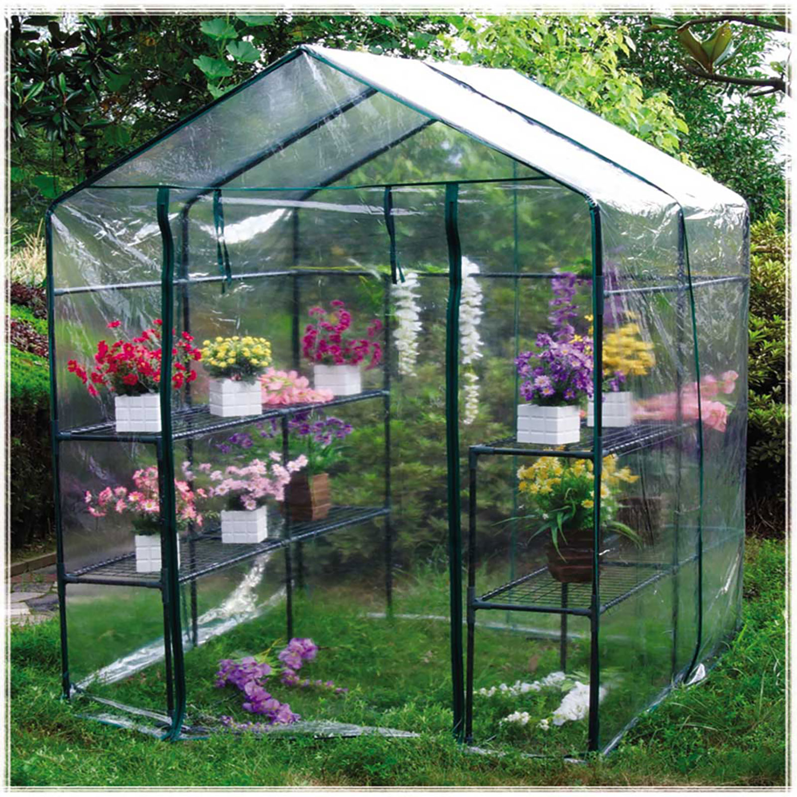 Estufa de PVC e Aço Gardiun New Leaf 4 Prateleiras 143x143x195 cm Verde com Porta com Fecho de Correr - Image 5