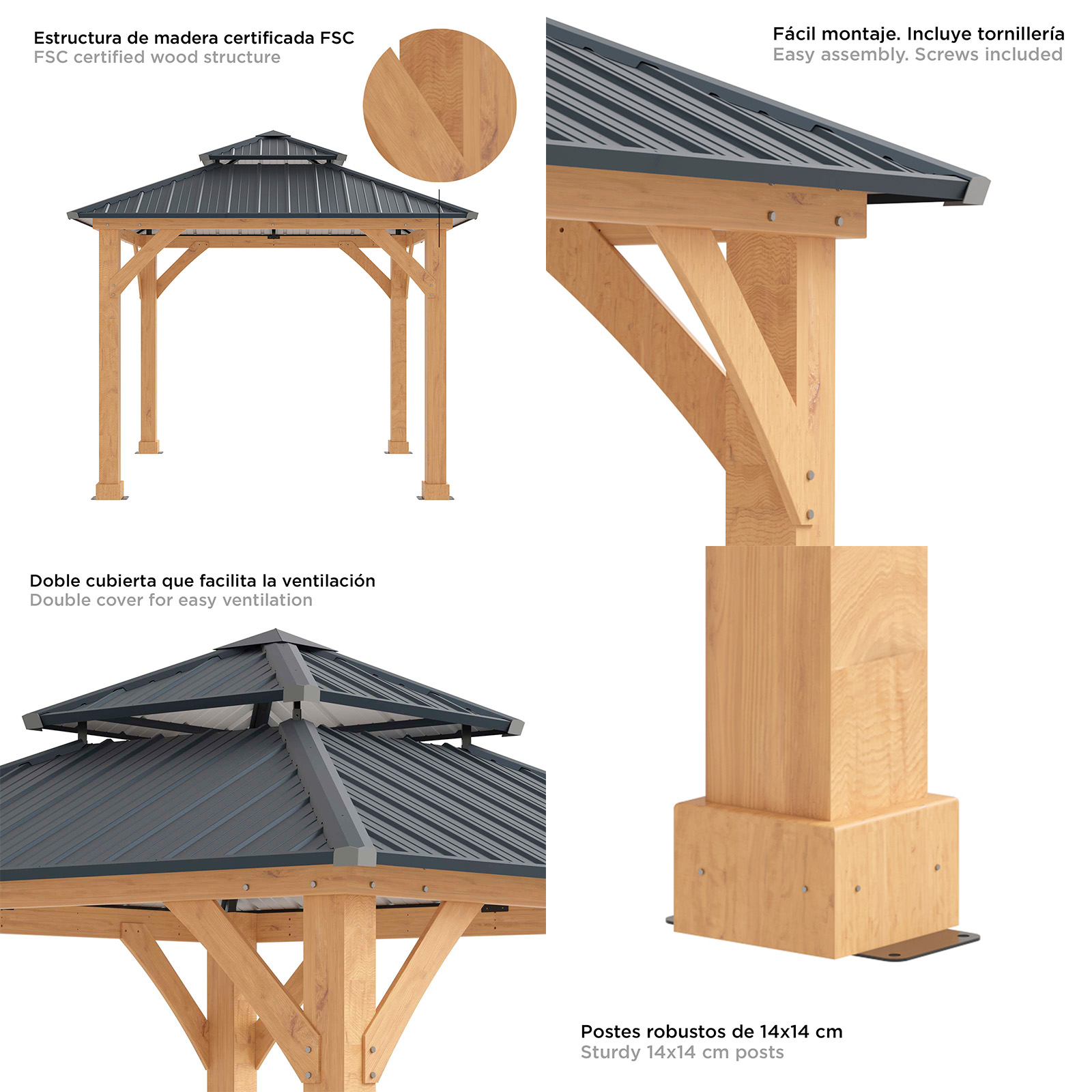 Pérgula de Jardim Gardiun Denver 8,76 m² 297x297x300 cm Madeira laminada | Postes de 14x14 cm | Cobertura dupla de aço | Fixação incluída - Image 3