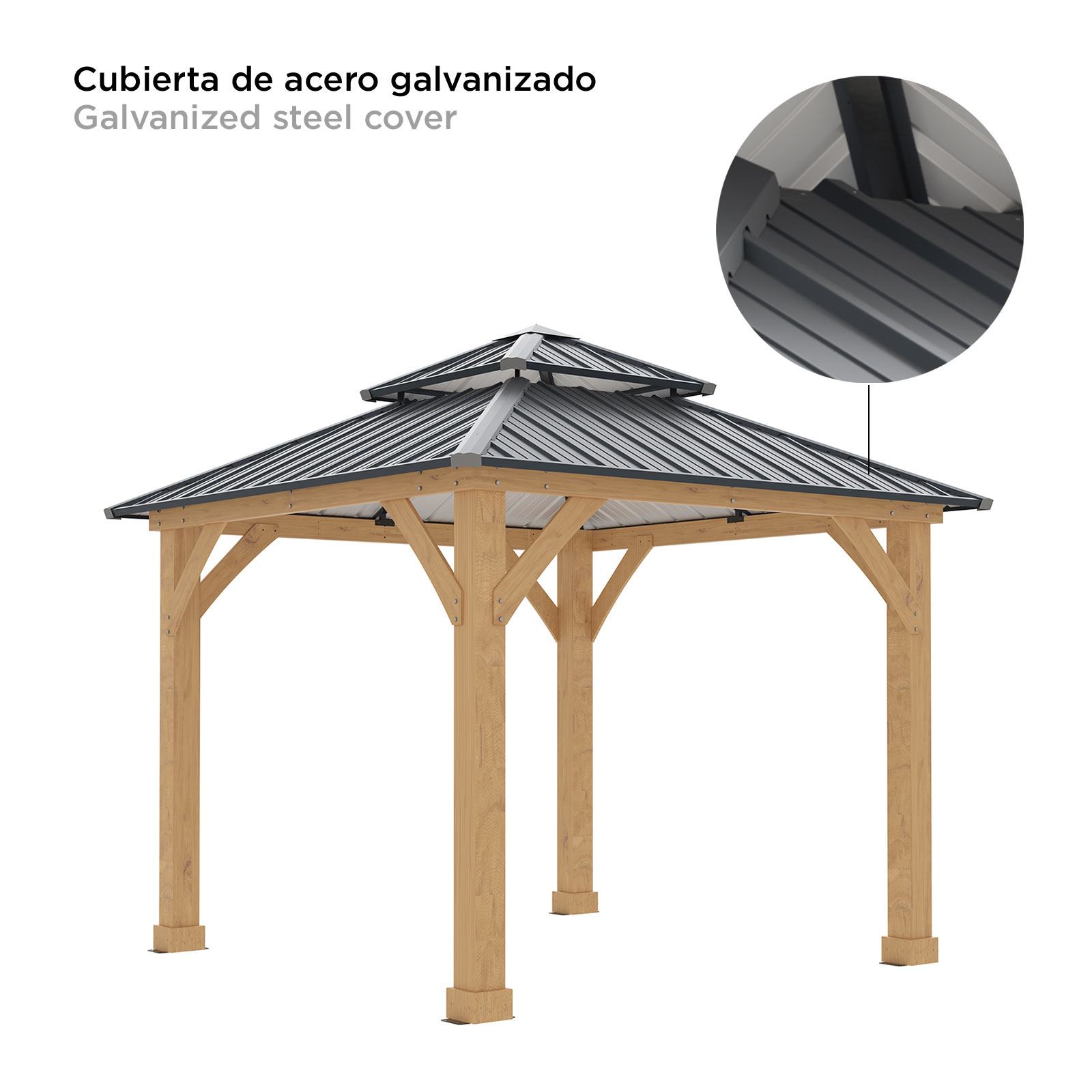Pérgula de Jardim Gardiun Denver 8,76 m² 297x297x300 cm Madeira laminada | Postes de 14x14 cm | Cobertura dupla de aço | Fixação incluída - Image 5