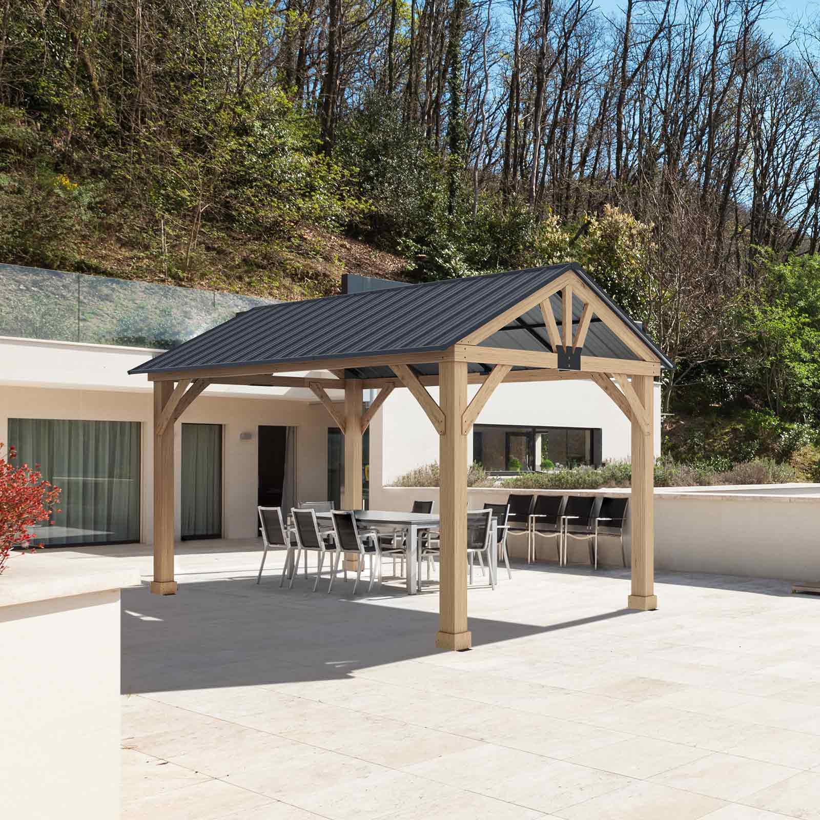 Pérgula de Jardim Gardiun Fénix 12 m² 300x401x282 cm Madeira laminada | Postes de 14x14 cm | Cobertura de aço | Fixação incluída - Image 2