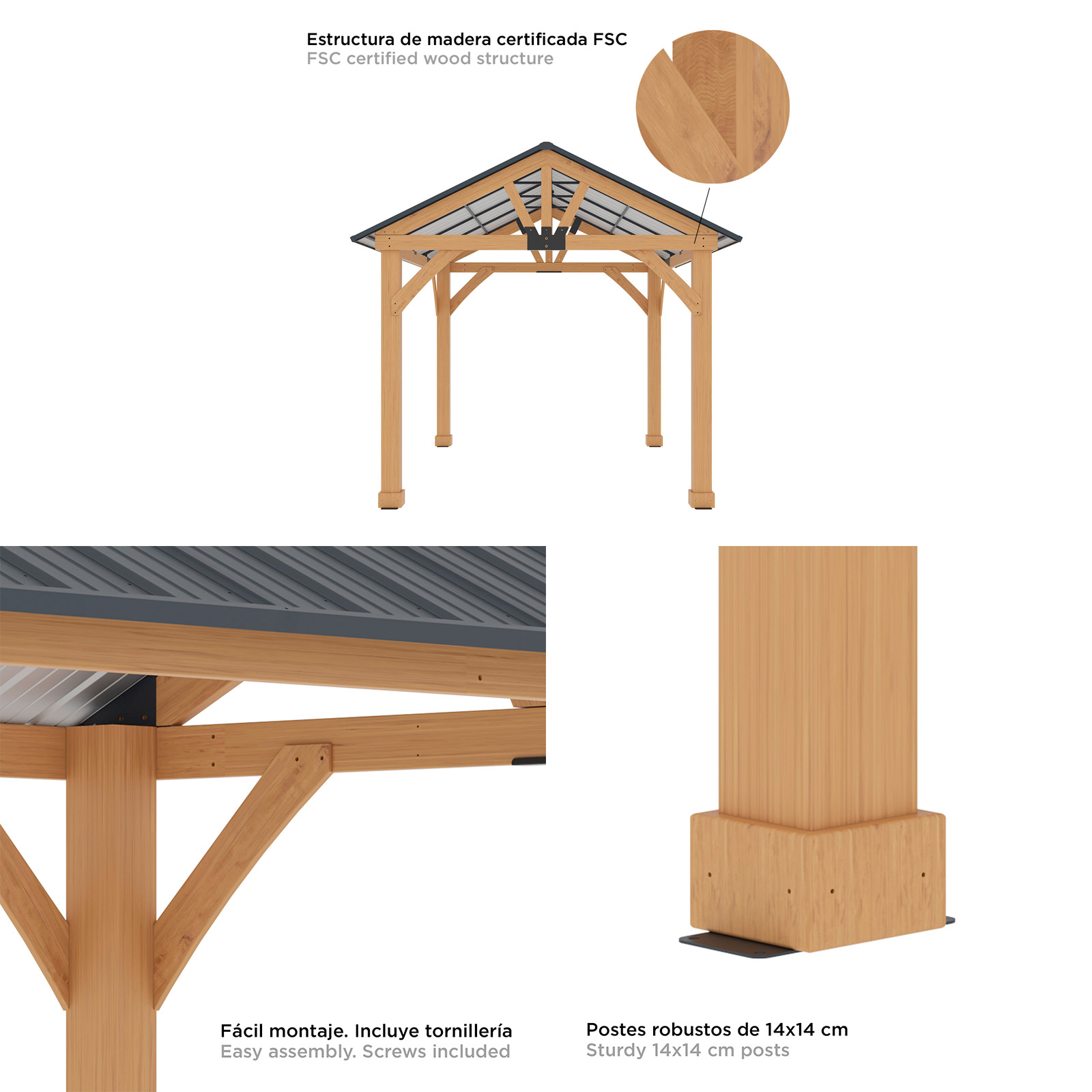 Pérgula de Jardim Gardiun Fénix 12 m² 300x401x282 cm Madeira laminada | Postes de 14x14 cm | Cobertura de aço | Fixação incluída - Image 3