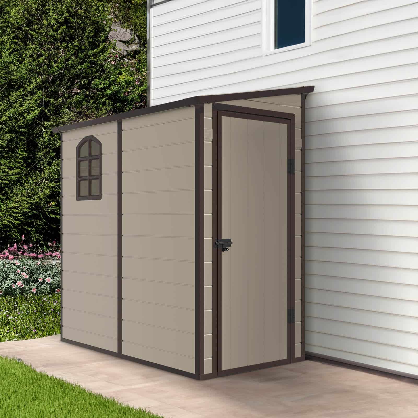 Caseta de Resina Gardiun Type Bege 2,12 m² Exterior 111x191x194 cm com Janela Lateral e Telhado Inclinado - Image 2