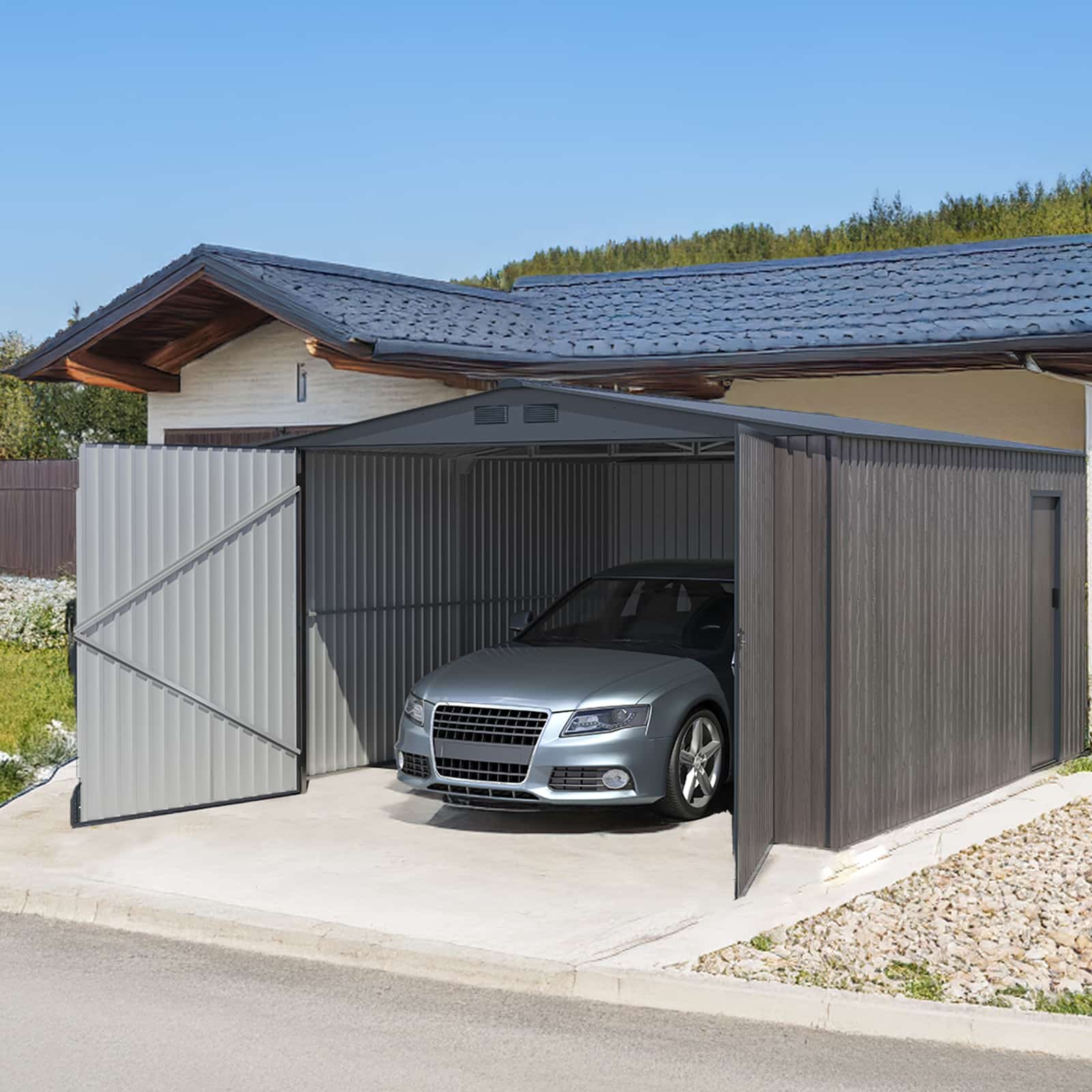 Garagem Metálica Gardiun Surrey 15,96 m2 380x420x232 cm 1 Carro | Porta Dupla Abatível, Porta Lateral e Ventiladores | Efeito Madeira - Image 2