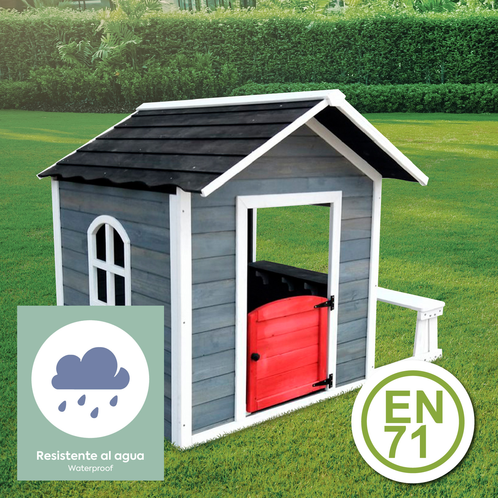 Casinha Infantil de Madeira Robincool Chloe 1,6 m² de 116x138x132 cm Design Aberto com Janelas e Banco Exterior - Image 5