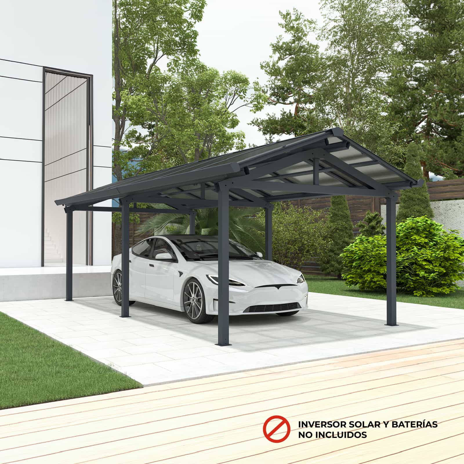 Marquise Solar Gardiun Techno Becquerel I 340x712x277 cm Garagem | Painéis Fotovoltaicos Alumínio 30 mm | Sistema de Águas Pluviais - Image 2