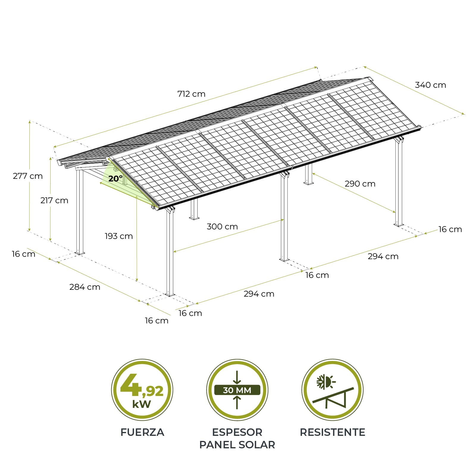 Marquise Solar Gardiun Techno Becquerel I 340x712x277 cm Garagem | Painéis Fotovoltaicos Alumínio 30 mm | Sistema de Águas Pluviais - Image 4