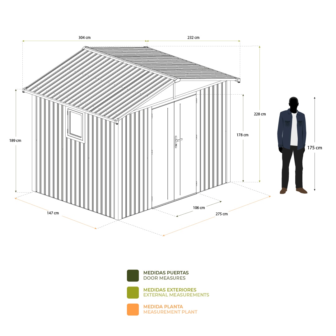 Caseta Metálica Gardiun Grunewald 7 m² Exterior 304x232x228 cm de aço com Janela Lateral e Porta Dupla 106x178 cm - Image 4