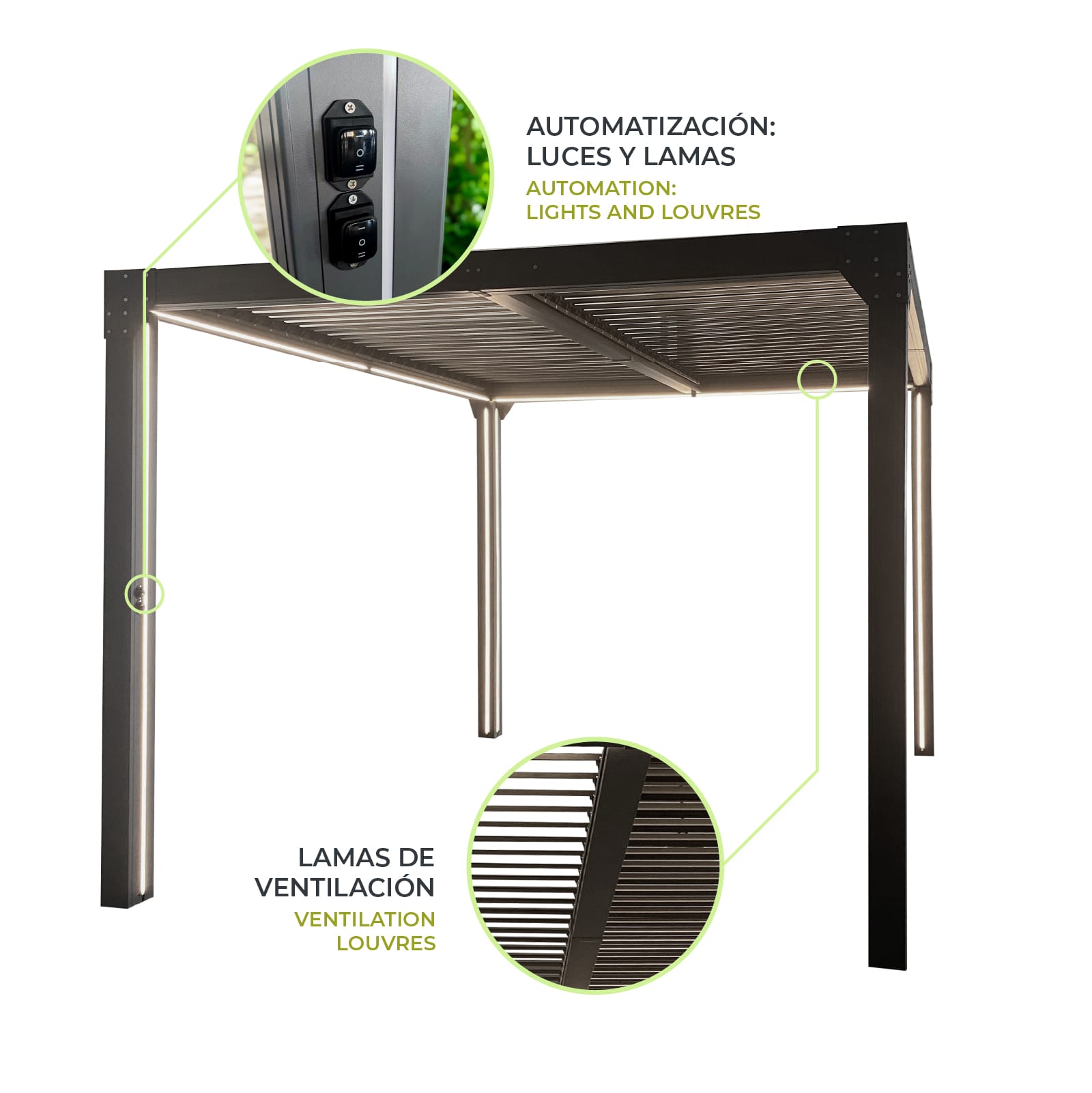 Pérgula Bioclimática Gardiun Somerset 300x300x248 cm - 9m² Caramanchão Alumínio Antracite | Iluminação LED e Lamelas Ajustáveis - Image 3