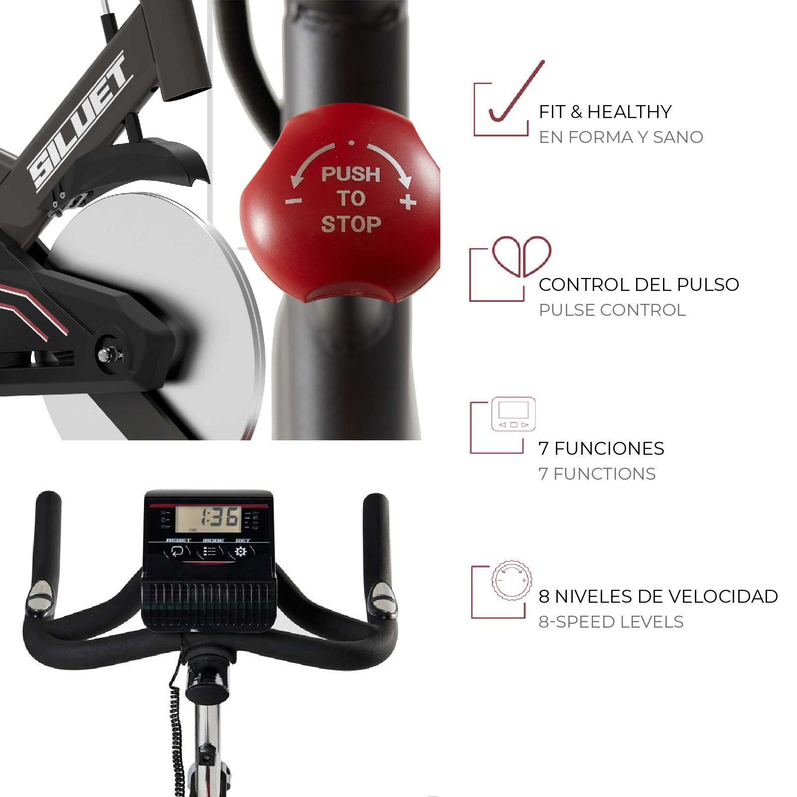 Bicicleta de Ciclo Indoor Siluet S-4S 115x51x119 cm 7 funções, pulsómetro, inércia de 18 kg e resistência regulável - Image 3