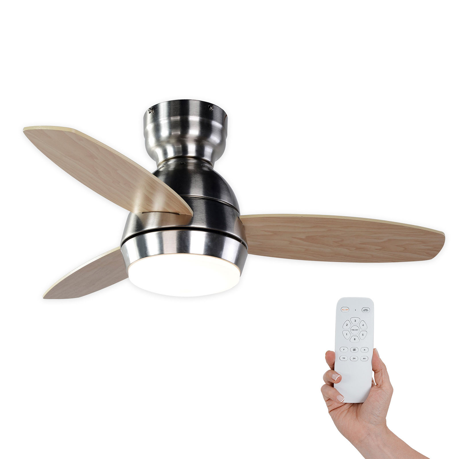 Ventilador de Teto Kekai Mistral DC 92x34 cm 55W prateado com pás de madeira, Luz regulável, Temporizador e Controle remoto