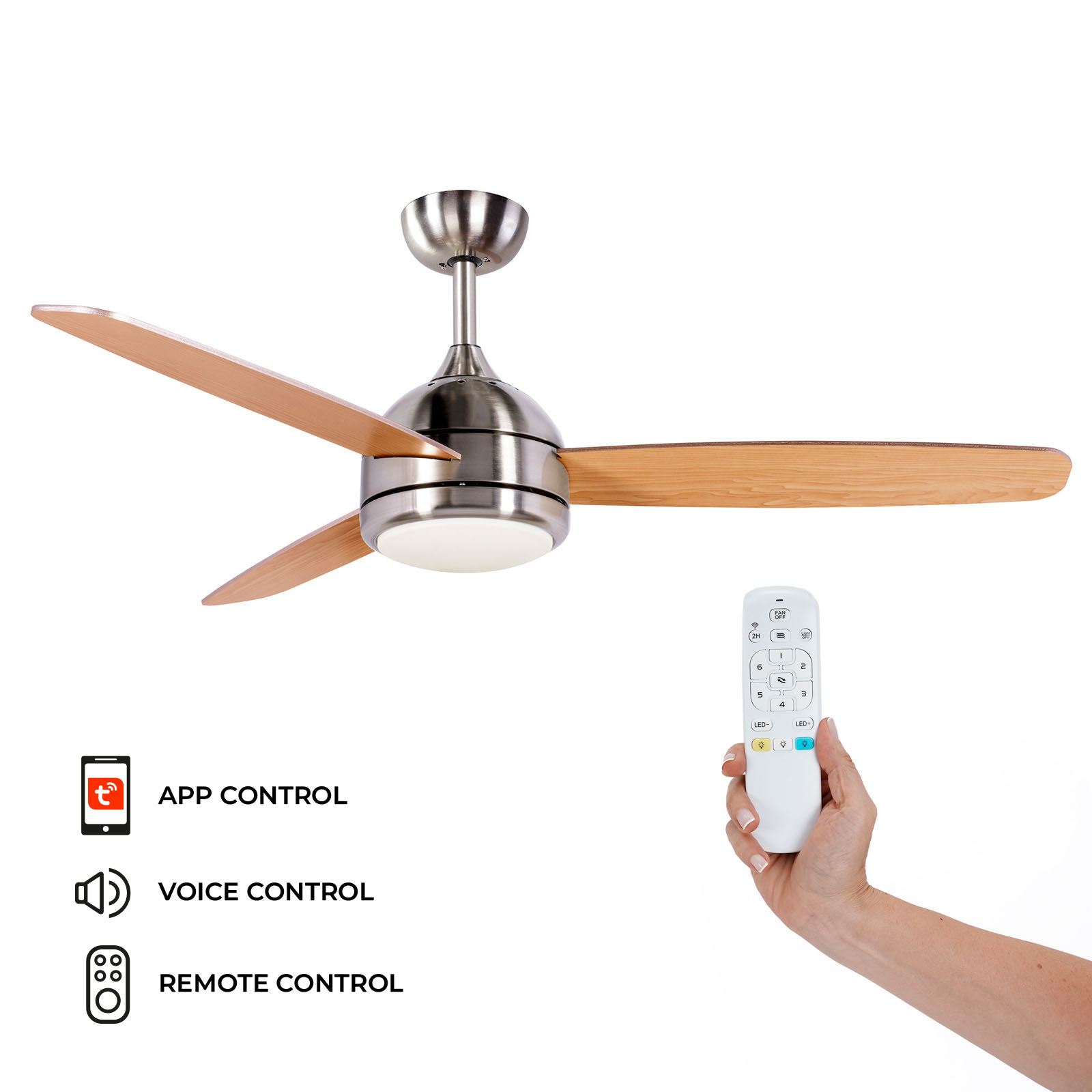 Ventilador de Teto Kekai Siroco Prata DC 132x40cm 55W Prata com pás de madeira, Luz regulável, Temporizador e Aplicação inteligente