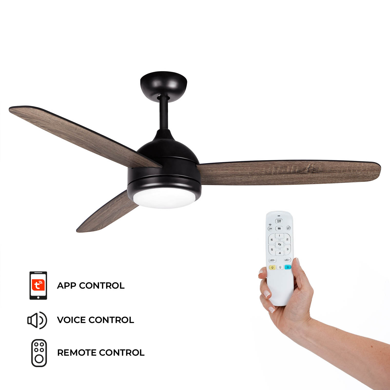 Ventilador de Teto Kekai Siroco Preto DC 132x40cm 55W Preto com pás de madeira, Luz regulável, Temporizador e Aplicação inteligente