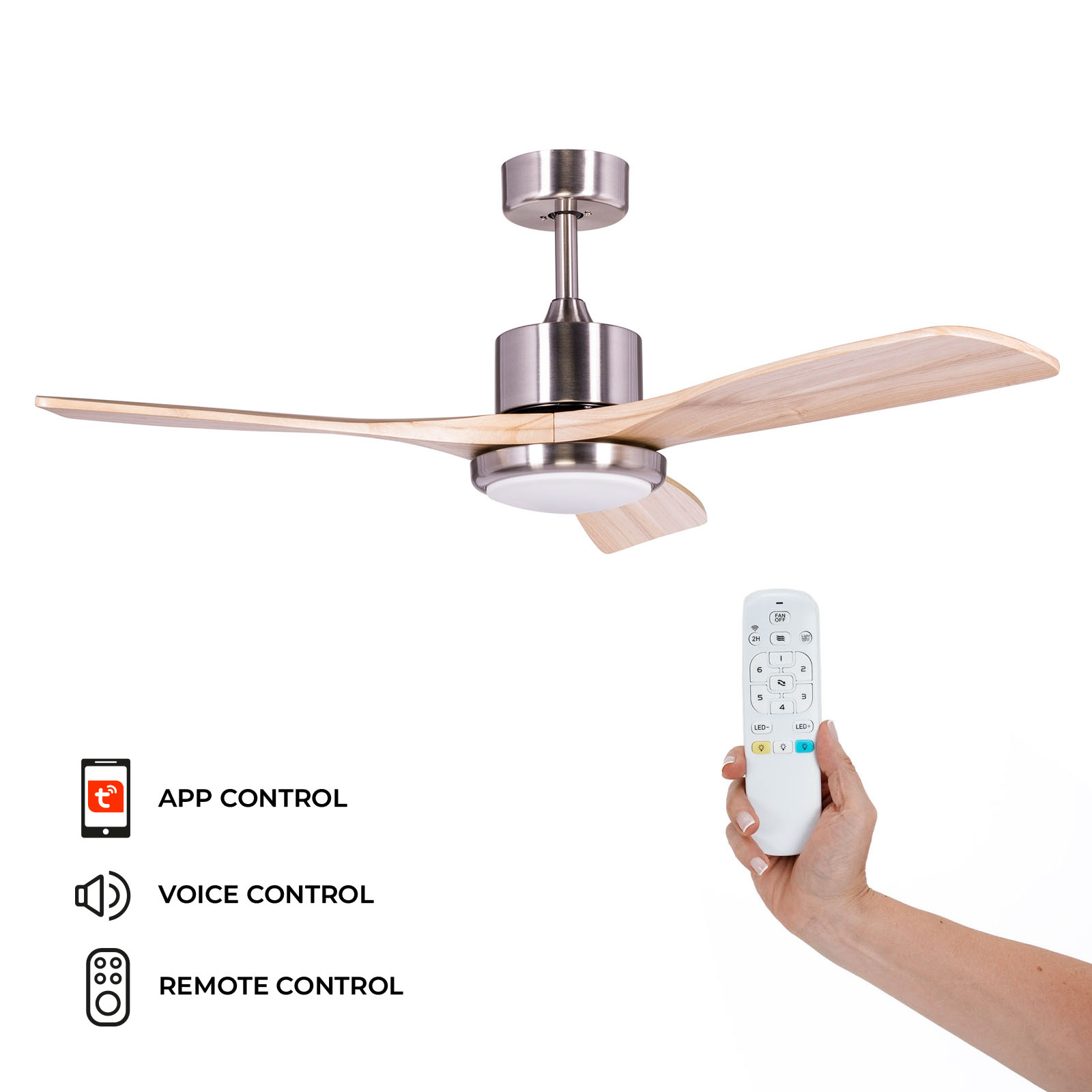 Ventilador de teto Kekai Tramontana DC 132x40cm 55W prateado com pás de madeira, Luz regulável, Temporizador e Aplicação inteligente