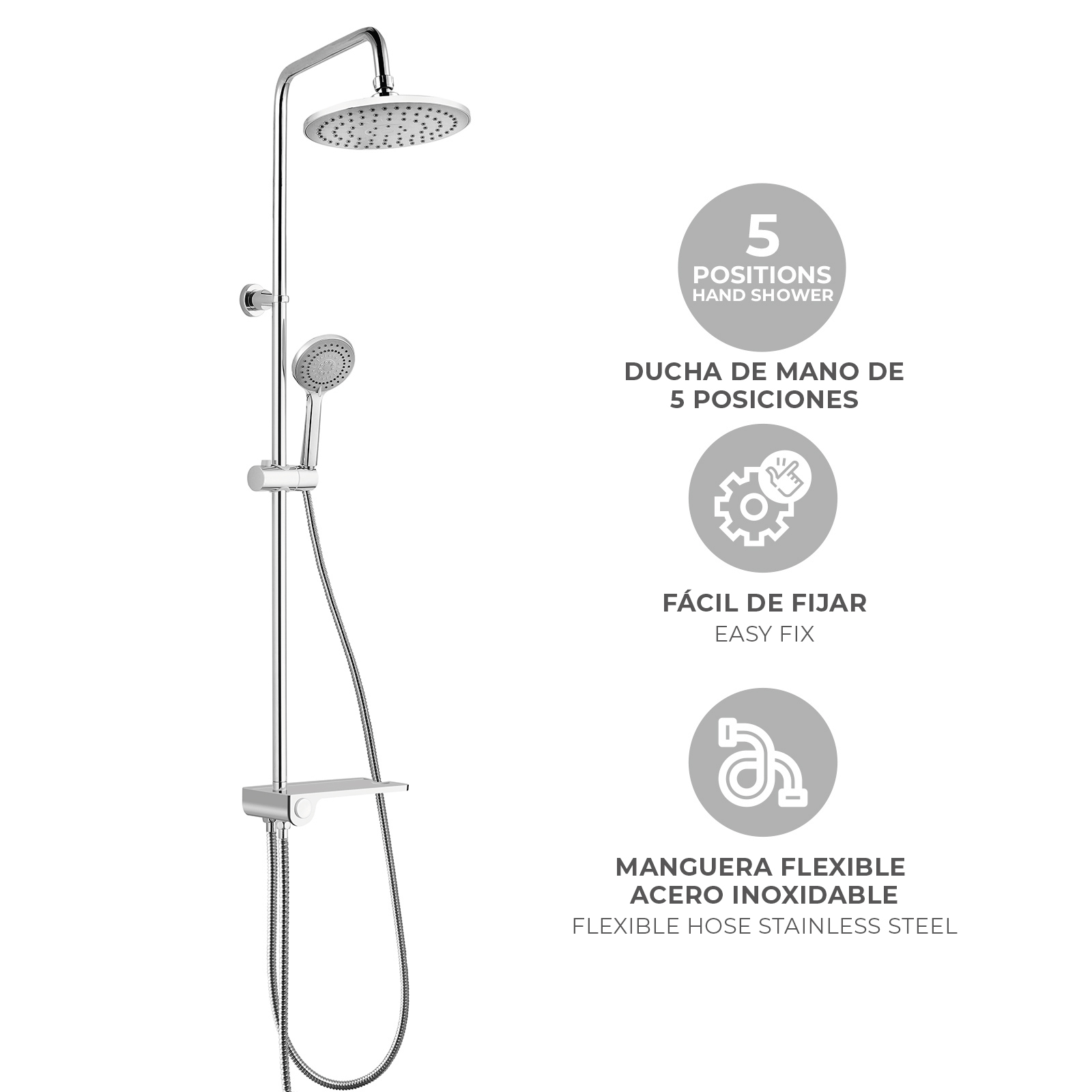 Coluna de Chuveiro sem Torneira K2O Chillout Bay 96,5 cm em aço inoxidável com Chuveiro, Prateleira e Chuveiro de Mão com 5 Posições - Image 3