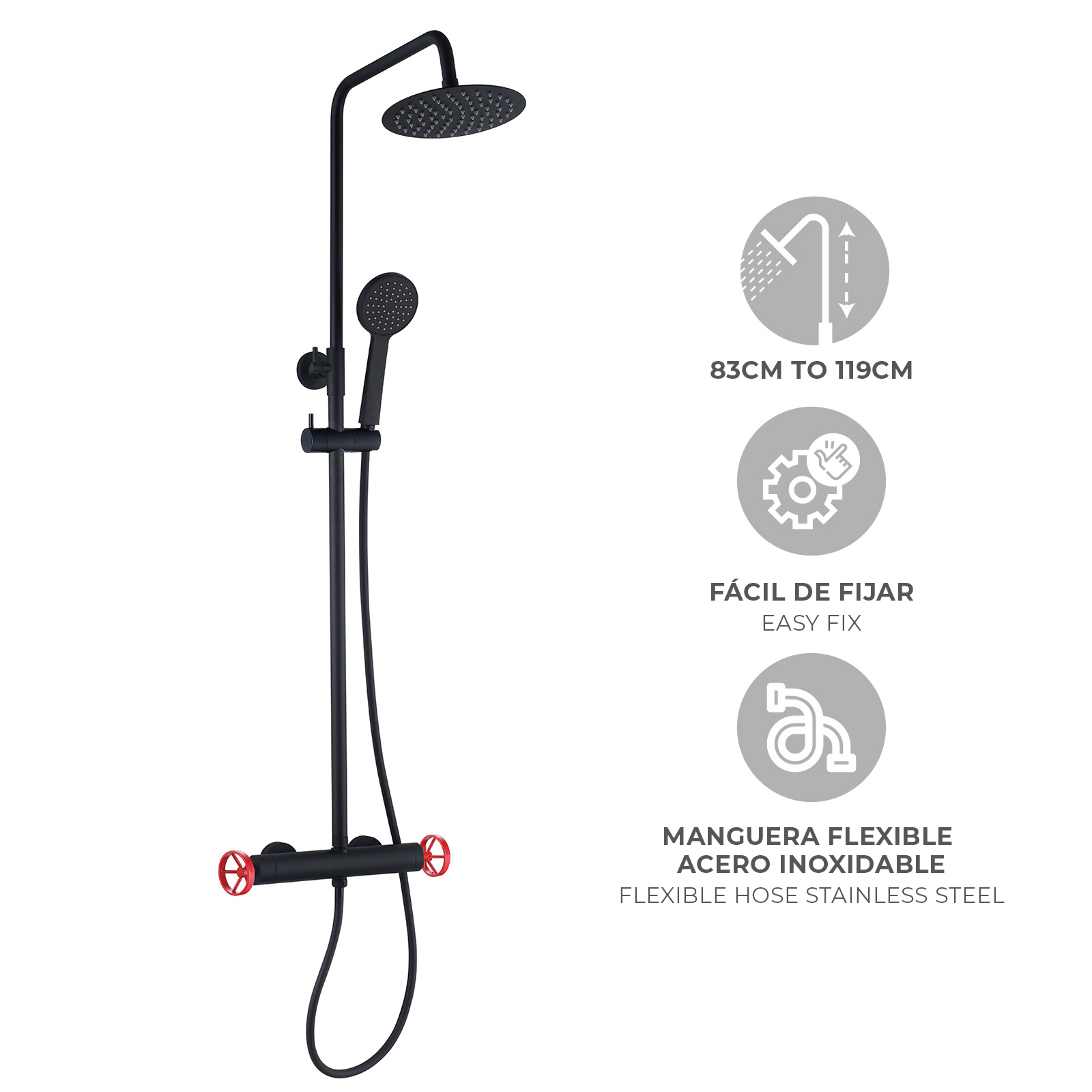 Coluna de chuveiro K2O Chillout Delta 83-119 cm Design redondo Preto / Vermelho - Torneira, Altura ajustável, chuveiro de mão e bicos anticalcário - Image 3