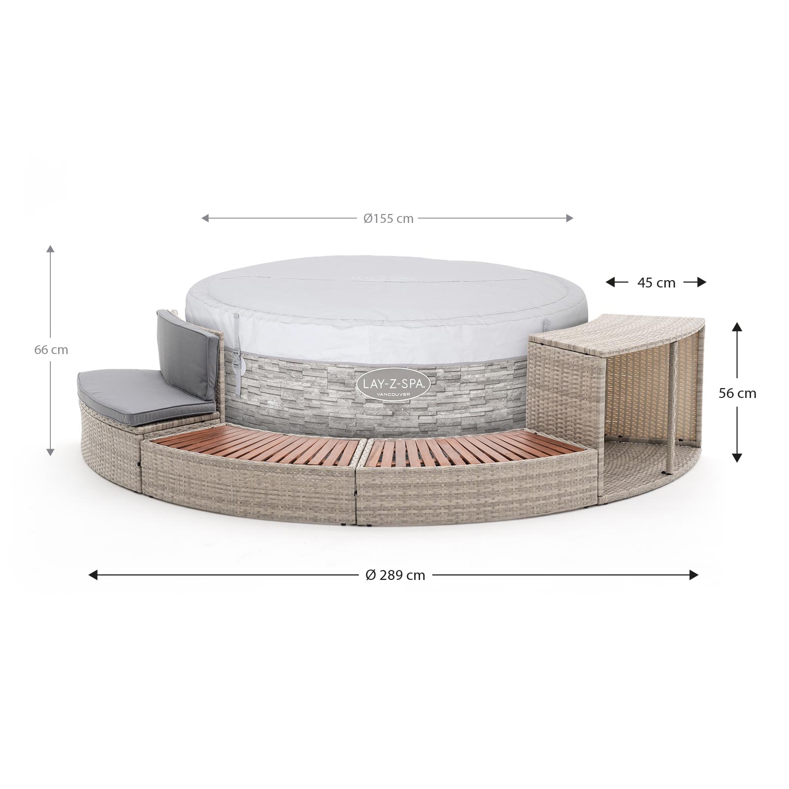 Spa insuflável Bestway Lay-Z-Spa Vancouver Airjet Ø155x60cm + Revestimento K2O Half Surround 180 289x45x56cm Borda para spa semicircular - Image 4