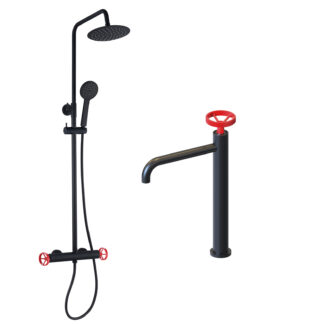 Conjunto de Coluna de Duche 83-119 cm e Torneira Monocomando para Lavatório K2O 23 x 6,7 x 37 cm Preto Mate, Reguladores Vermelhos, Tubos Flexíveis e Arejador