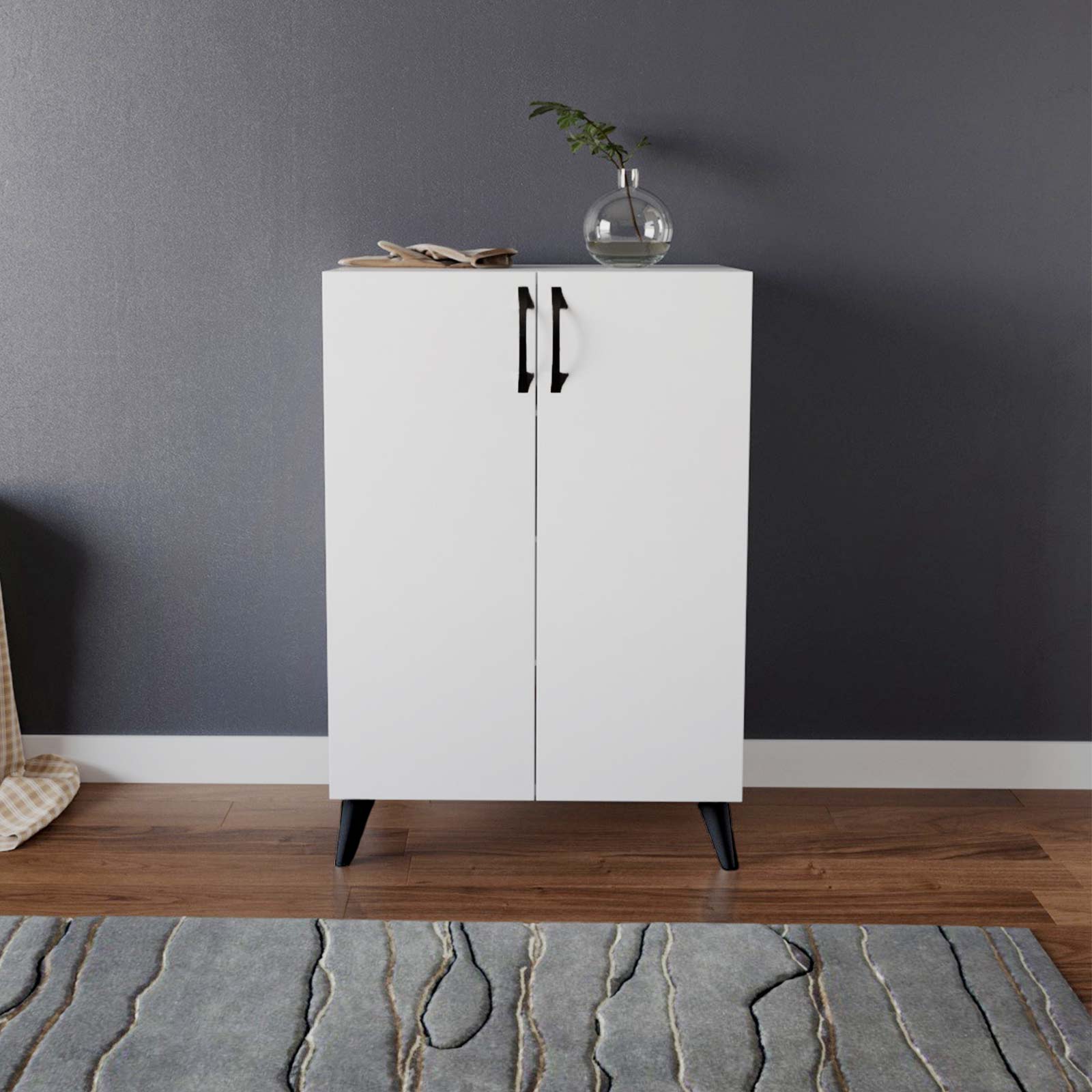 Armário Multiusos - Sapateira Catterhouse Rodas Branco 60 x 33 x 87 cm com 2 Portas e 3 Prateleiras de Altura Ajustável, Cor Branco - Image 2