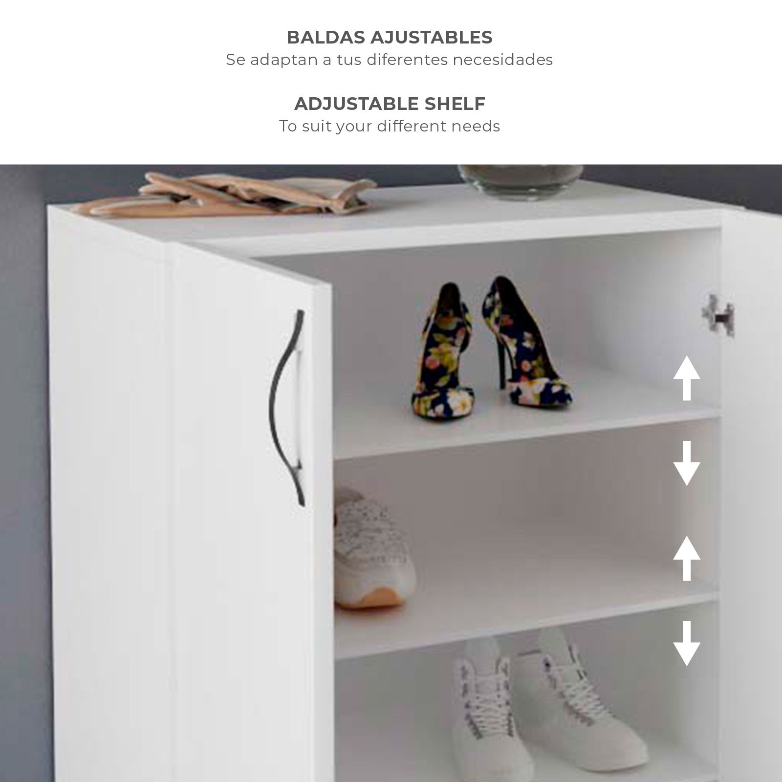 Armário Multiusos - Sapateira Catterhouse Rodas Branco 60 x 33 x 87 cm com 2 Portas e 3 Prateleiras de Altura Ajustável, Cor Branco - Image 3
