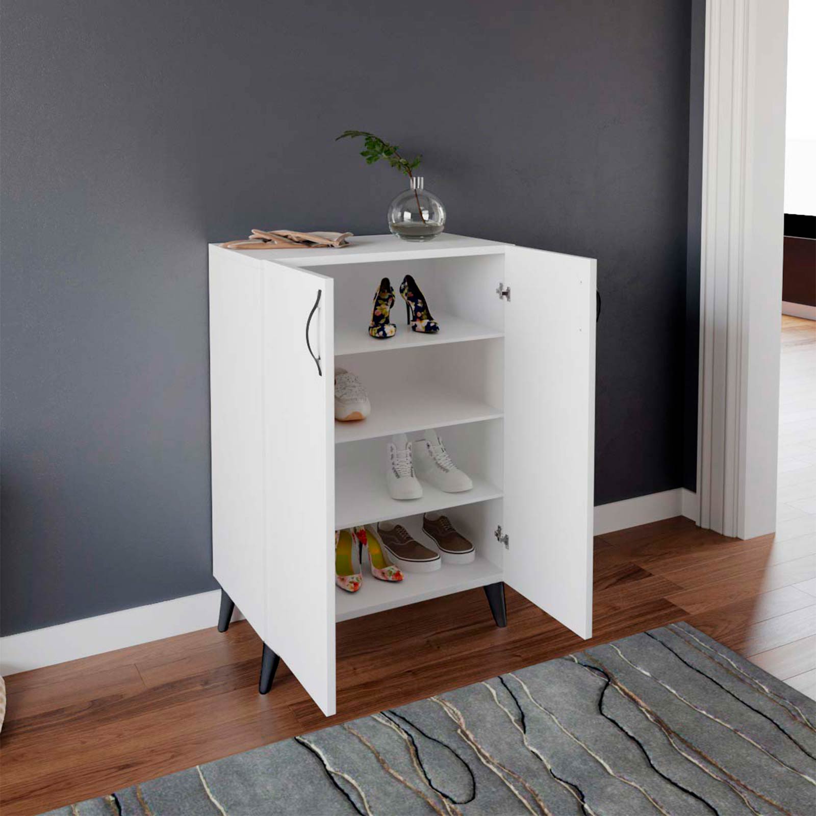 Armário Multiusos - Sapateira Catterhouse Rodas Branco 60 x 33 x 87 cm com 2 Portas e 3 Prateleiras de Altura Ajustável, Cor Branco - Image 5