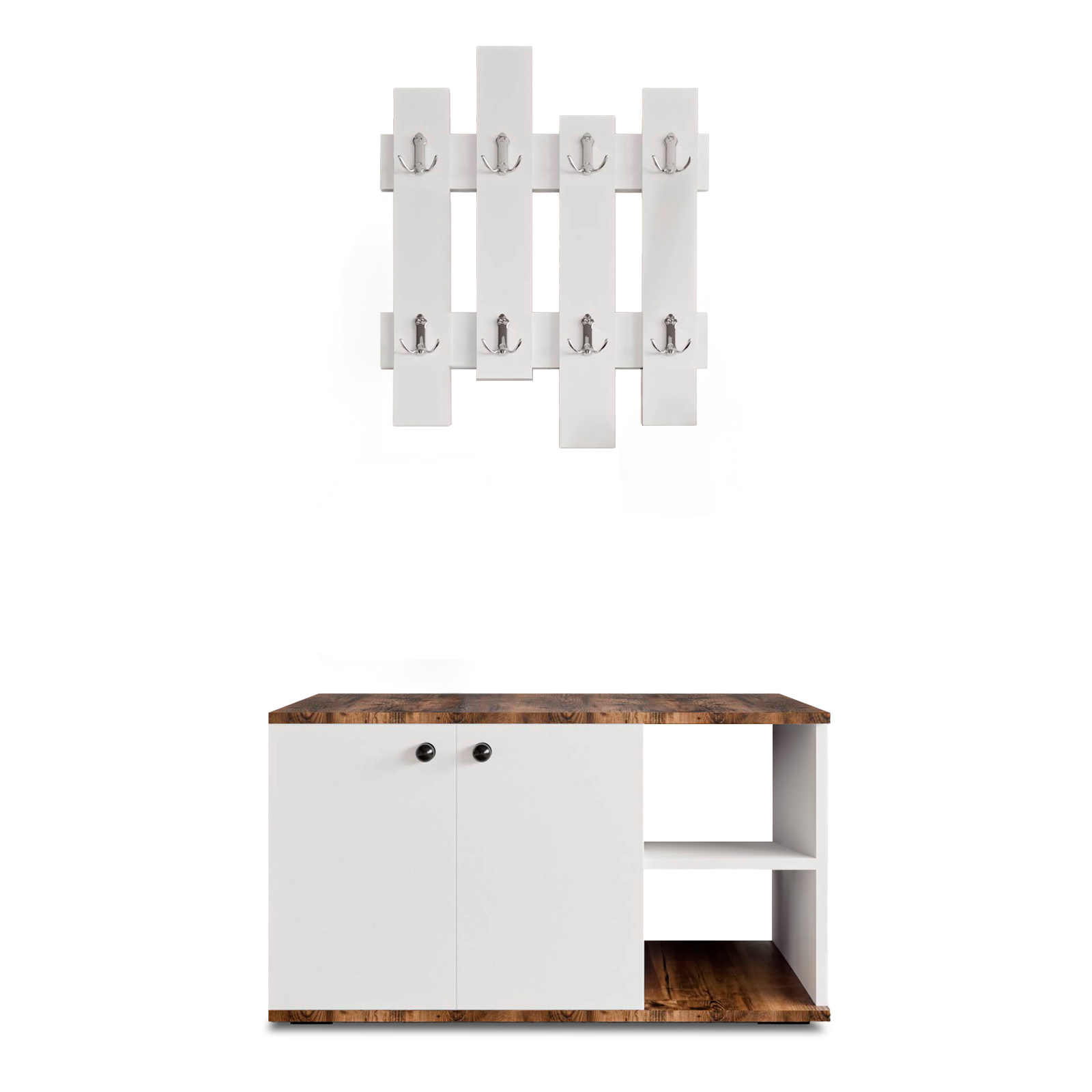 Armário Multiusos - Sapateira Catterhouse Kavala Branco-Castanho 90 x 32 x 53 cm com 2 Portas, 2 Prateleiras (Ext./Int.) e Cabide