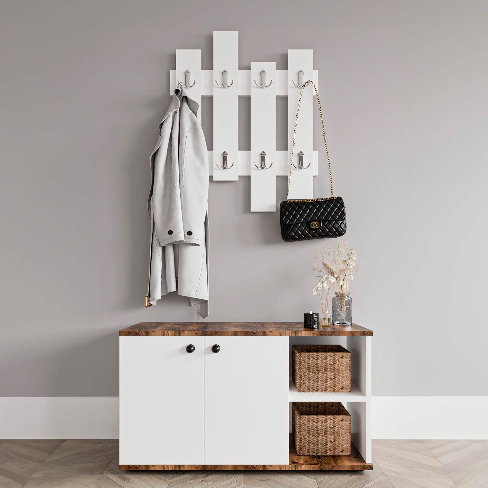 Armário Multiusos - Sapateira Catterhouse Kavala Branco-Castanho 90 x 32 x 53 cm com 2 Portas, 2 Prateleiras (Ext./Int.) e Cabide - Image 2