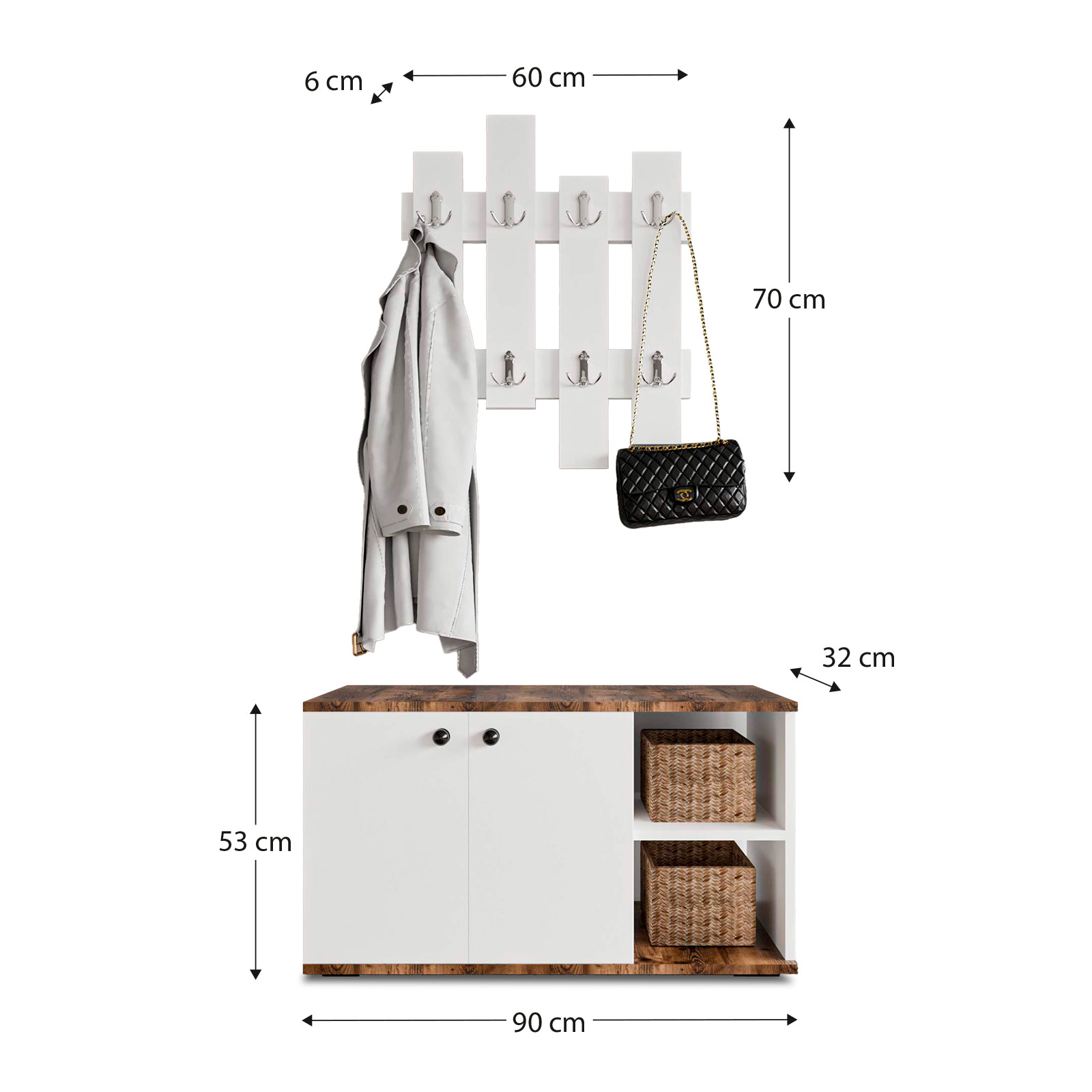 Armário Multiusos - Sapateira Catterhouse Kavala Branco-Castanho 90 x 32 x 53 cm com 2 Portas, 2 Prateleiras (Ext./Int.) e Cabide - Image 3