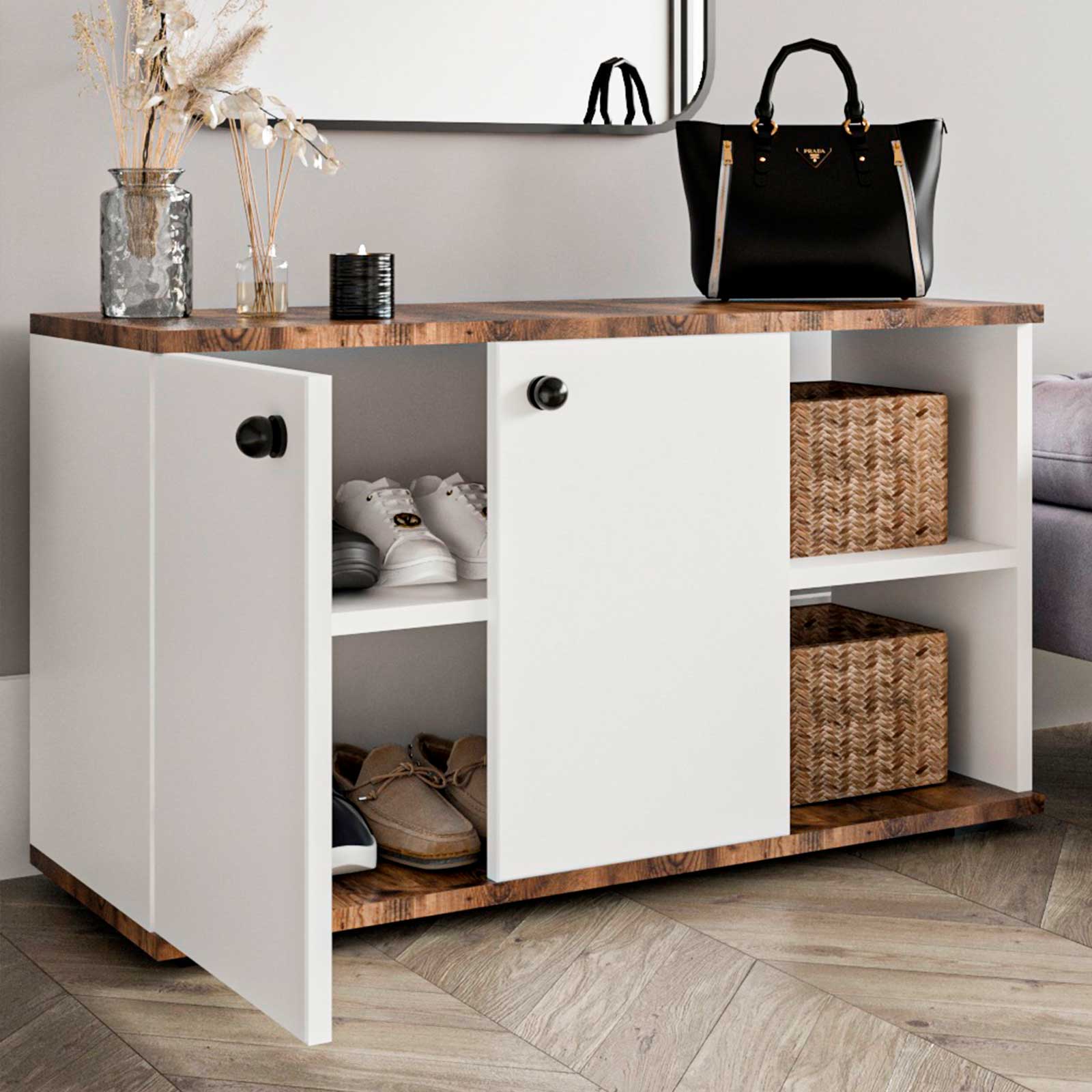 Armário Multiusos - Sapateira Catterhouse Kavala Branco-Castanho 90 x 32 x 53 cm com 2 Portas, 2 Prateleiras (Ext./Int.) e Cabide - Image 5
