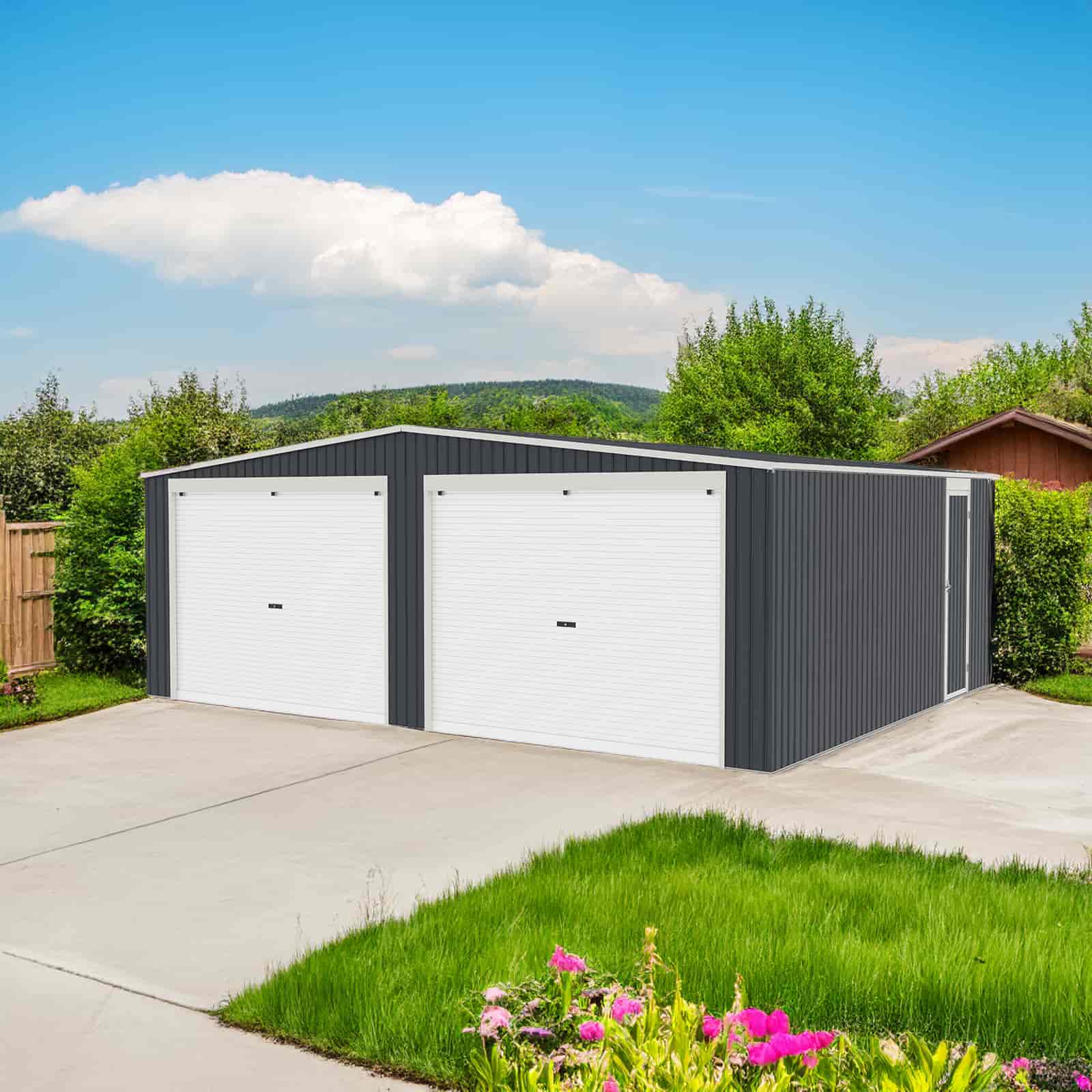 Garagem Metálica Gardiun Warwick 32,68 m² 513x637x241 cm para 2 carros | Porta dupla deslizante e porta lateral | Antracite - Image 2