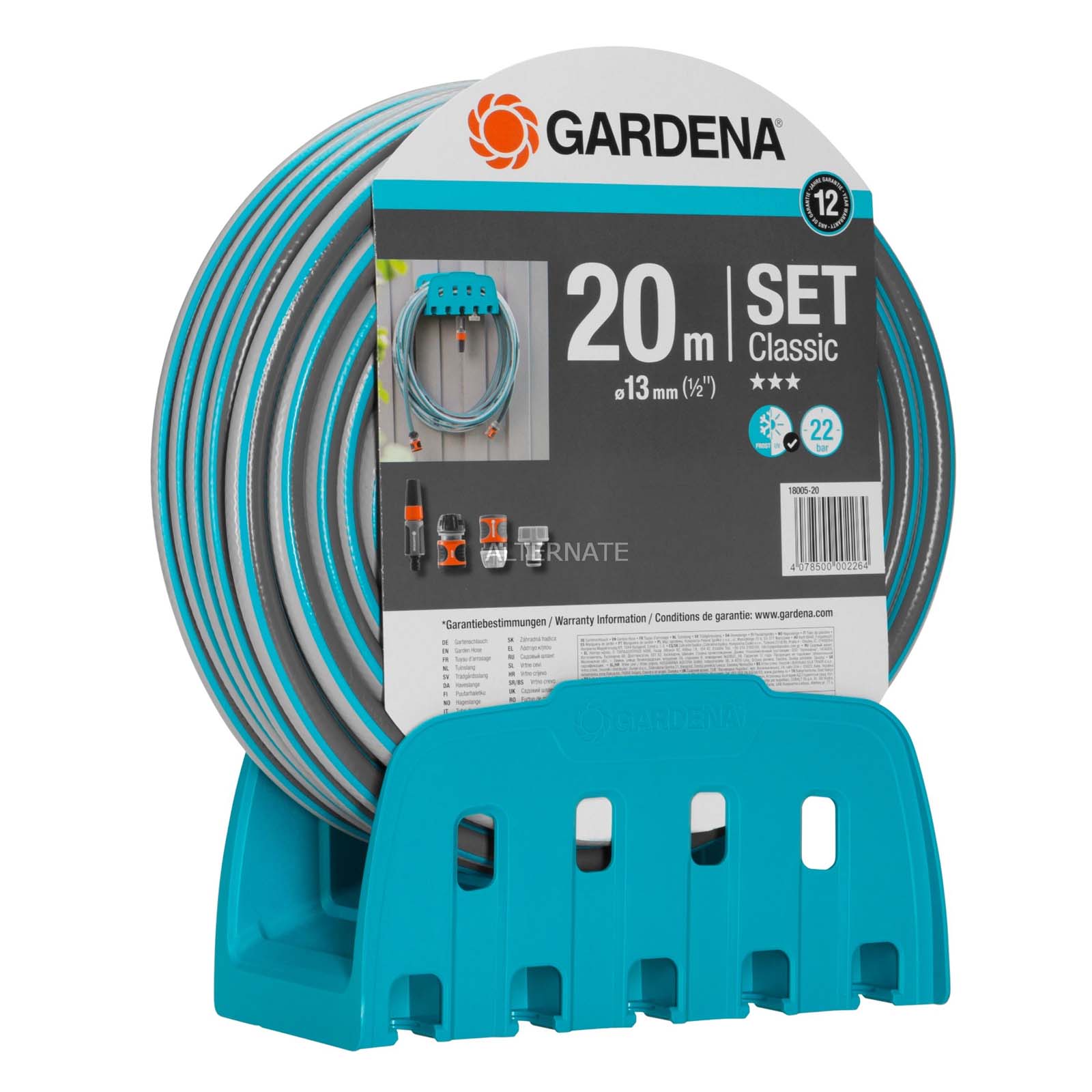 Kit de Mangueira de Jardim Gardena Classic com mangueira de 20 m e 13 mm, montagem de parede e lança com bico ajustável