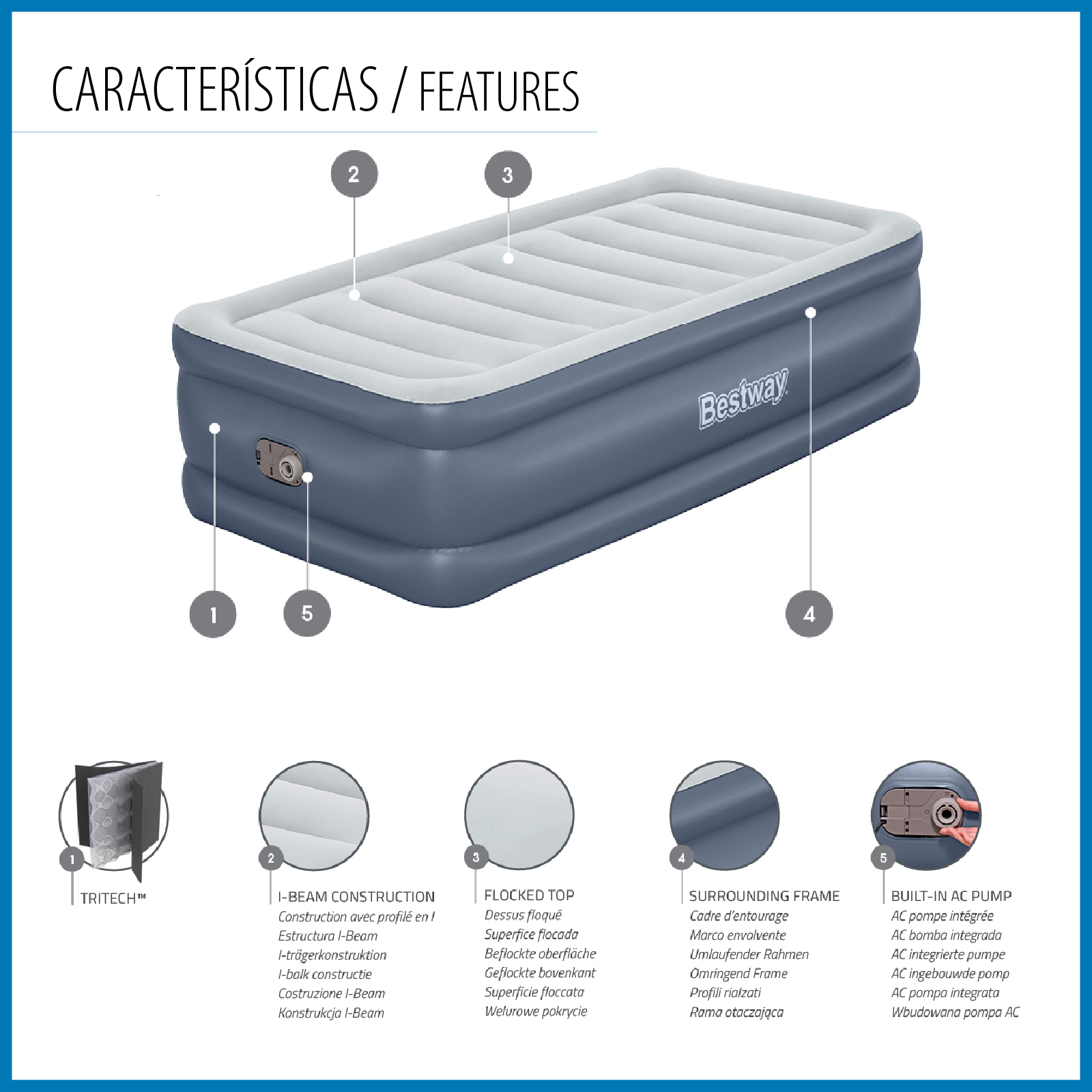 Bestway Tritech Cama Inflável Individual 191x97x51 cm Suporta até 150 Kg Inflada em 3 minutos com reforço perimetral - Image 3
