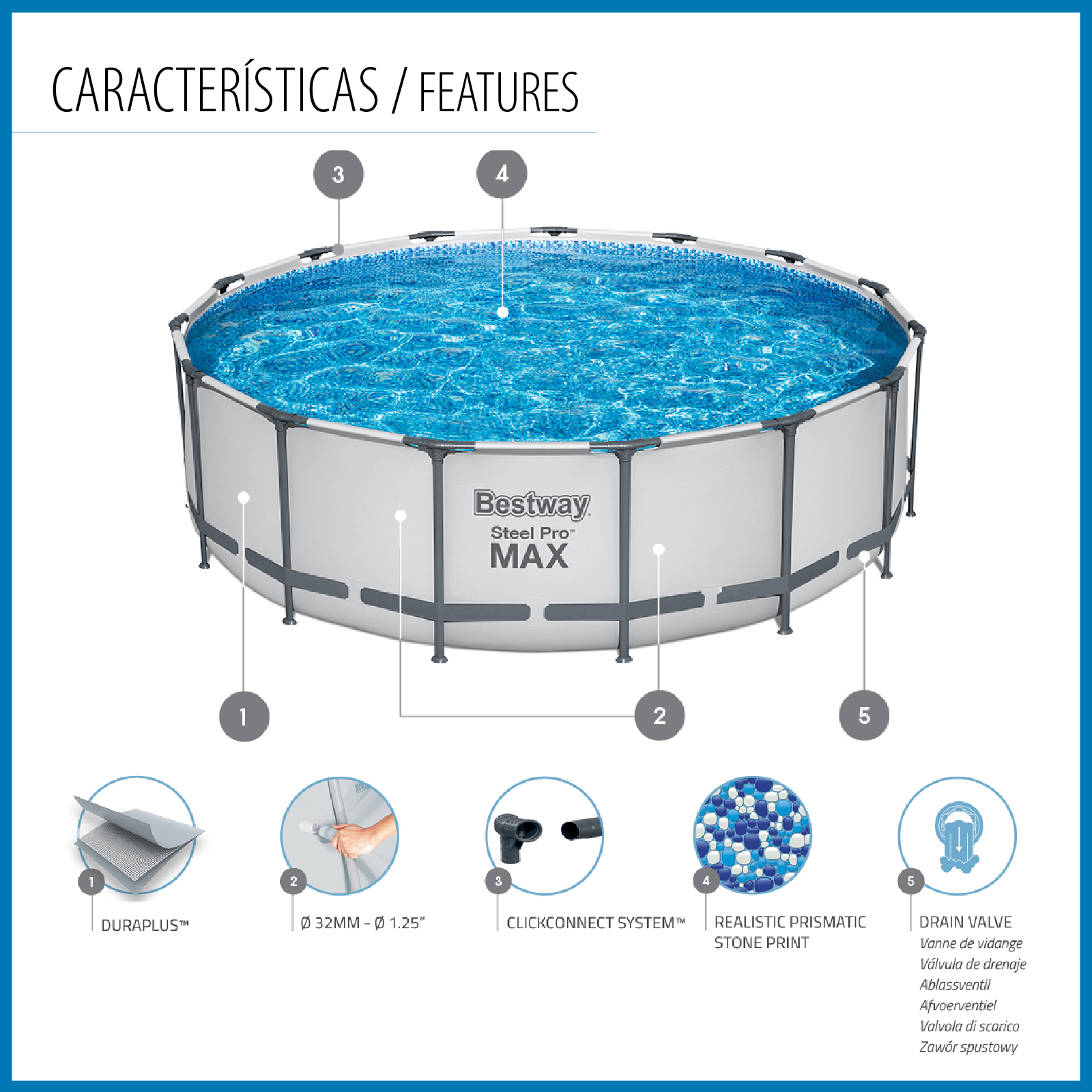Piscina tubular redonda Bestway Steel Pro Max 457x122 cm com filtro de cartucho de 3.028 l/h, cobertura e escada - Image 3