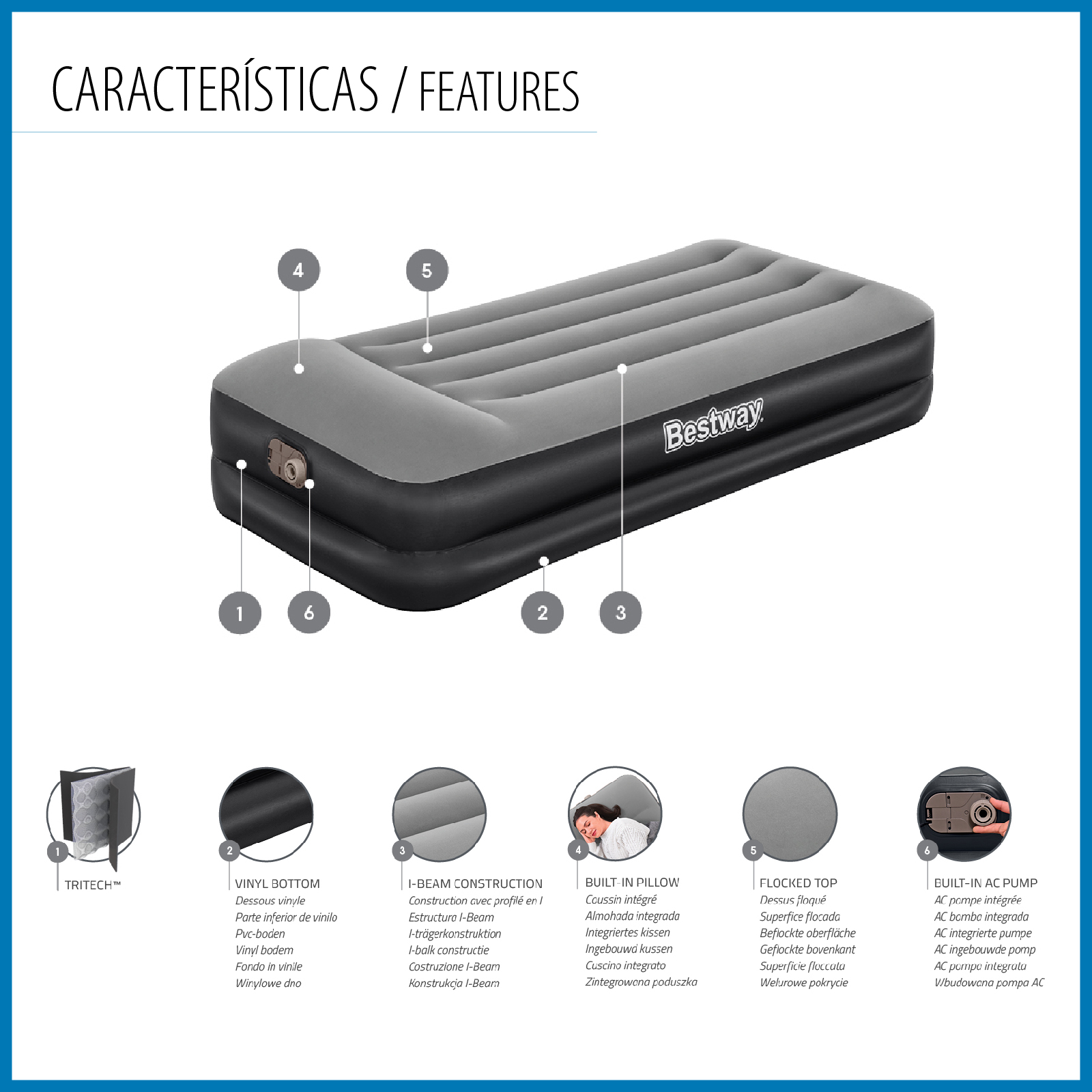 Cama inflável individual Bestway Tritech 191x97x46 cm Suporta até 150 Kg Inflada em 3 minutos Almofada embutida - Image 3