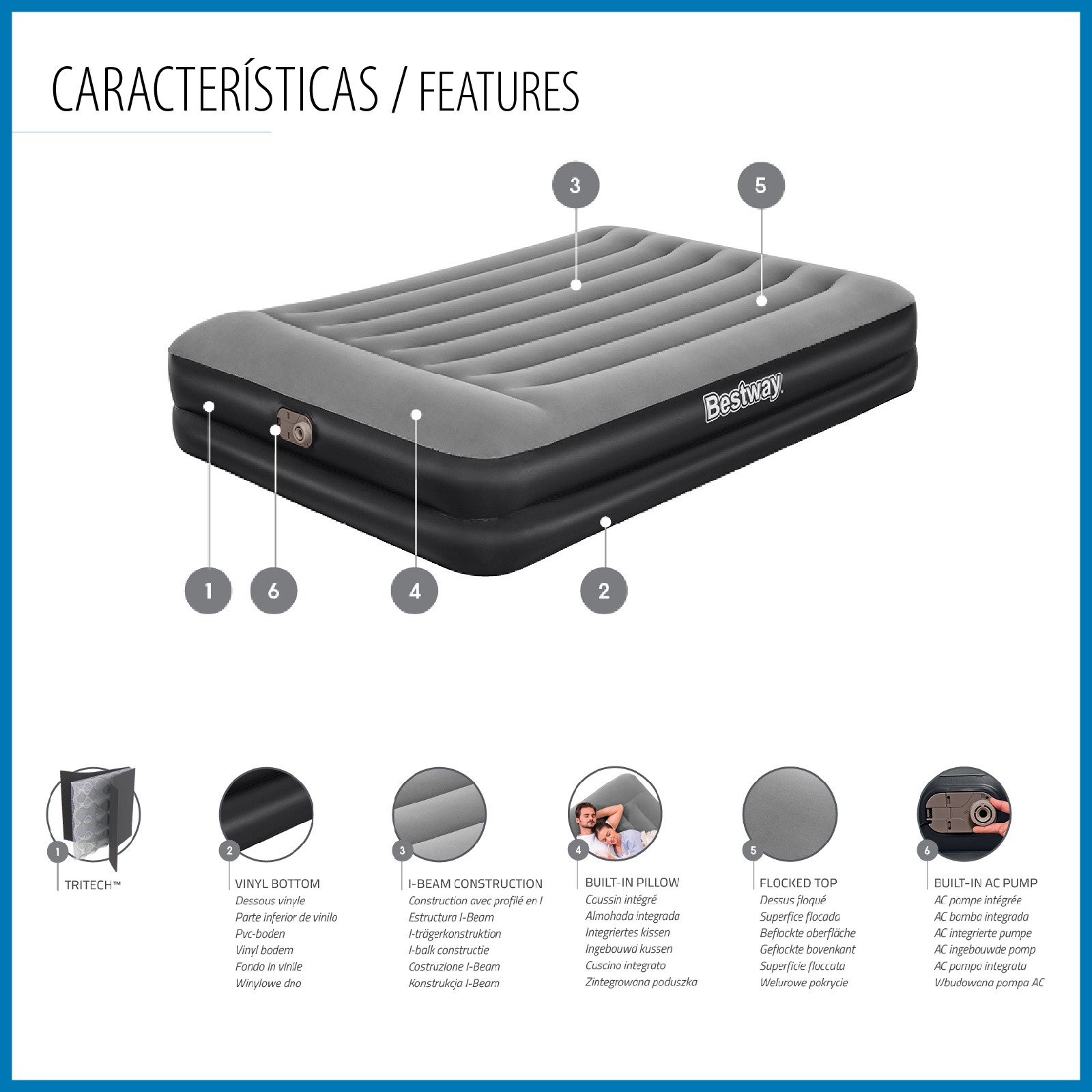 Cama Inflável Dupla Bestway Tritech 203x152x46 cm Suporta até 300 Kg Inflada em 4 Minutos Travesseiro embutido - Image 3