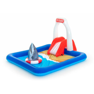 Bestway Lifeguard Tower Play Center Jumper inflável 234x203x129 cm com aspersores, escorregador e tubarão inflável