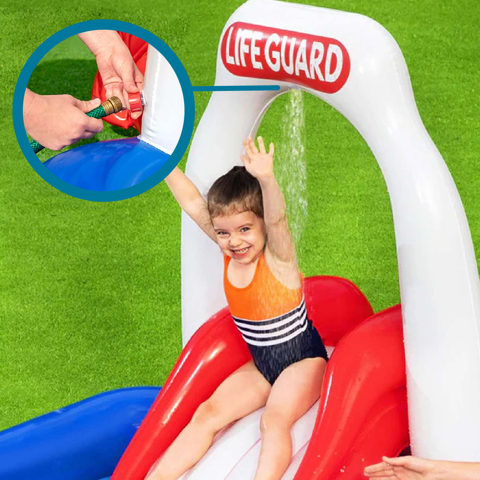 Bestway Lifeguard Tower Play Center Jumper inflável 234x203x129 cm com aspersores, escorregador e tubarão inflável - Image 3