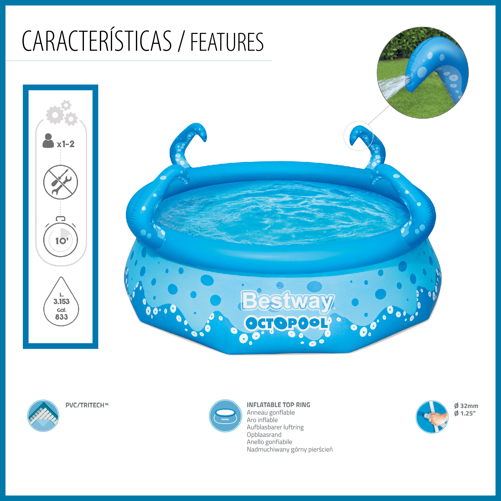 Bestway OctoPool Piscina Inflável para Crianças 274x76 cm com 4 tentáculos Colo Blue com capacidade para 3153 litros - Image 5