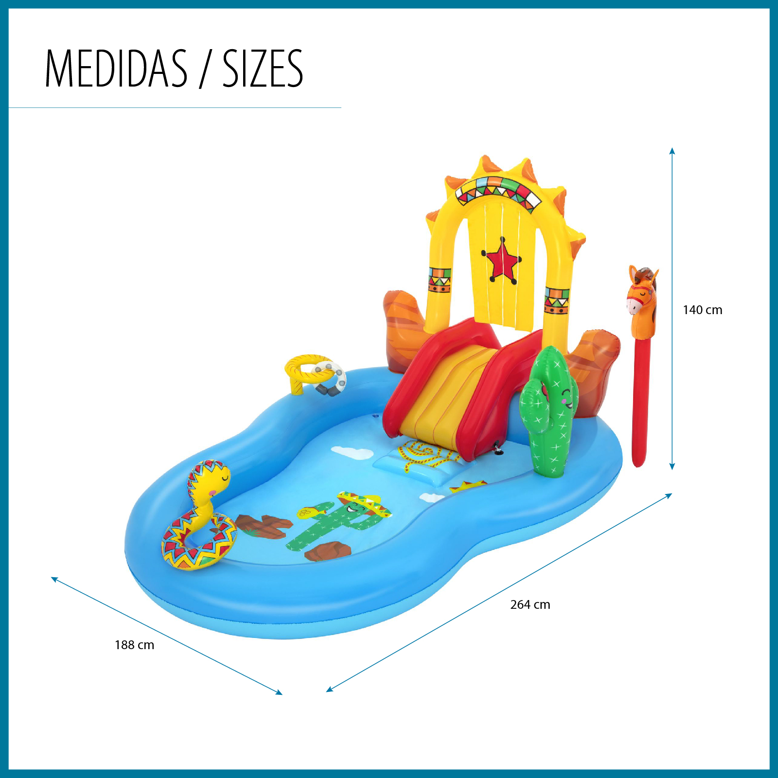 Bestway Wild West Play Center Piscina Inflável 264x188x140 cm com ferradura, cavalo inflável e escorregador - Image 4